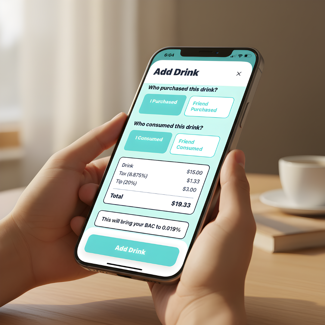 Siply: Sip Smarter app screen showing a drink purchase summary with options to select who purchased and who consumed the drink, including details of the cost, tax, tip, and total amount.