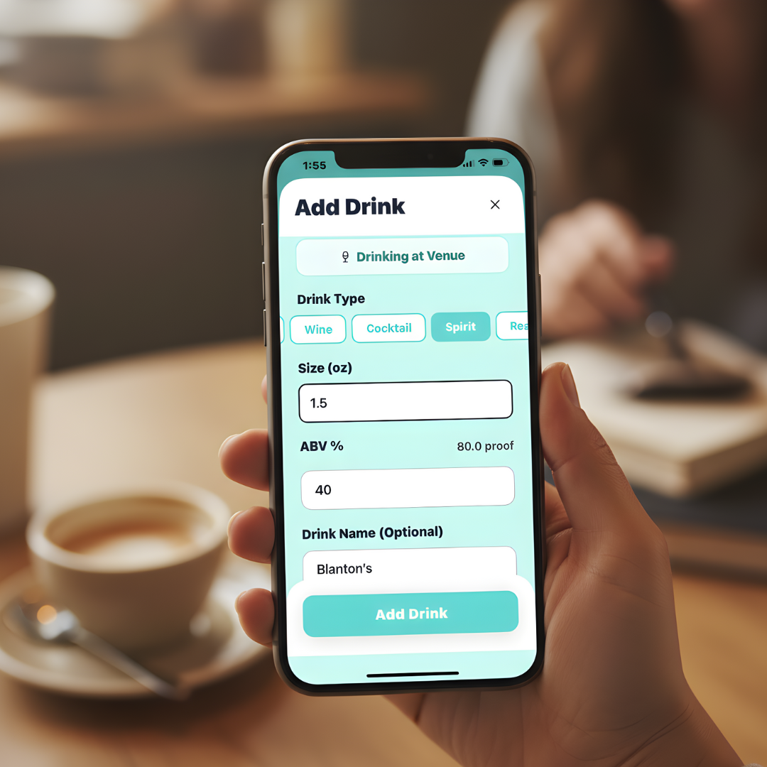 Close-up of Siply: Sip Smarter, a smartphone app displaying a digital form to add a drink, with options for drink type, size, ABV percentage, and optional drink name.