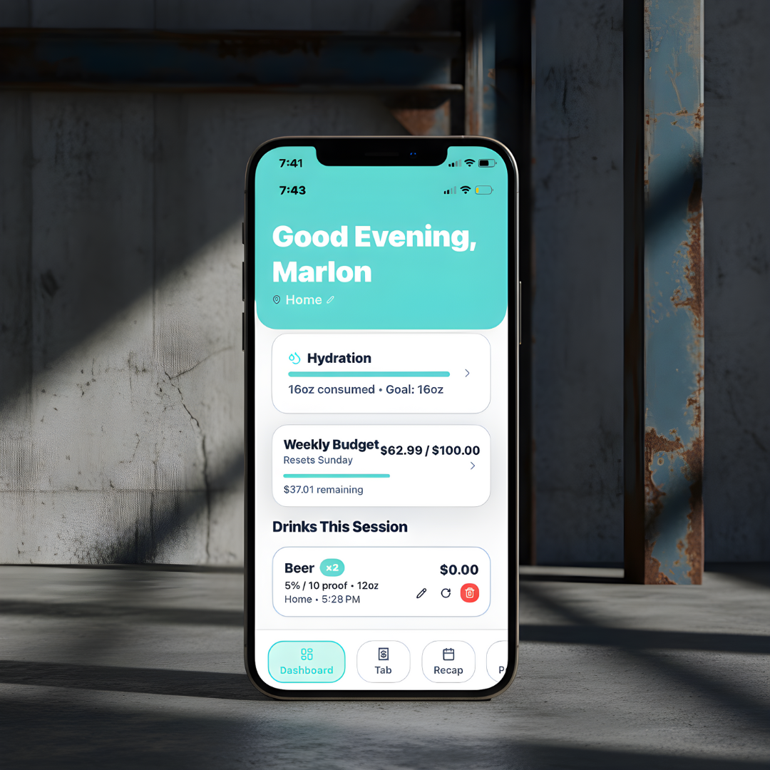 Smartphone displaying a hydration and budget tracking feature for the app, Siply: Sip Smarter with a personalized greeting to Marlon, on a concrete surface with a rusty metal post nearby.