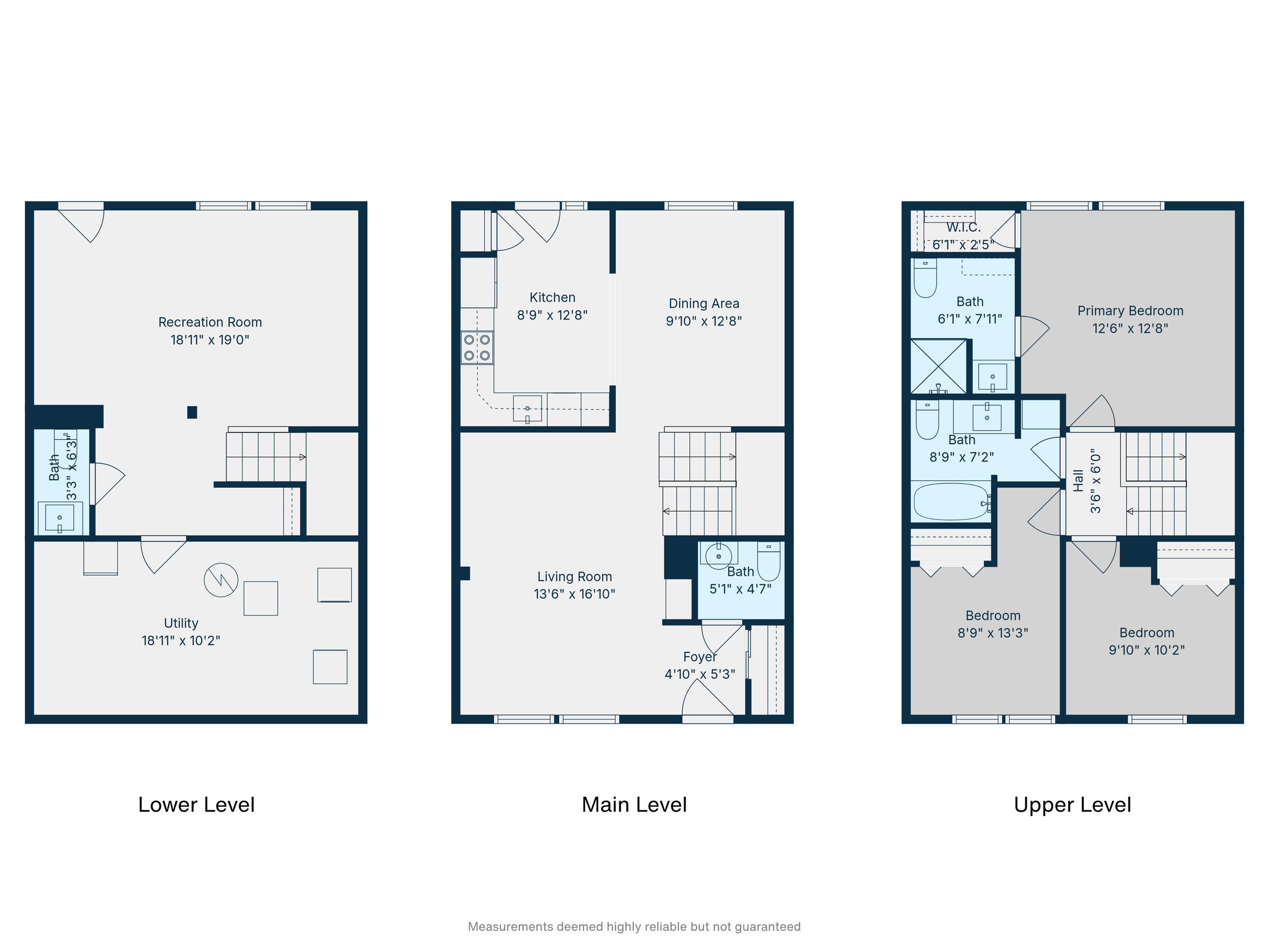 Floor plan of a three-story house showing the lower level with recreation room, utility room, and bath; the main level with living room, kitchen, dining area, and bath; and the upper level with three bedrooms and two bathrooms.