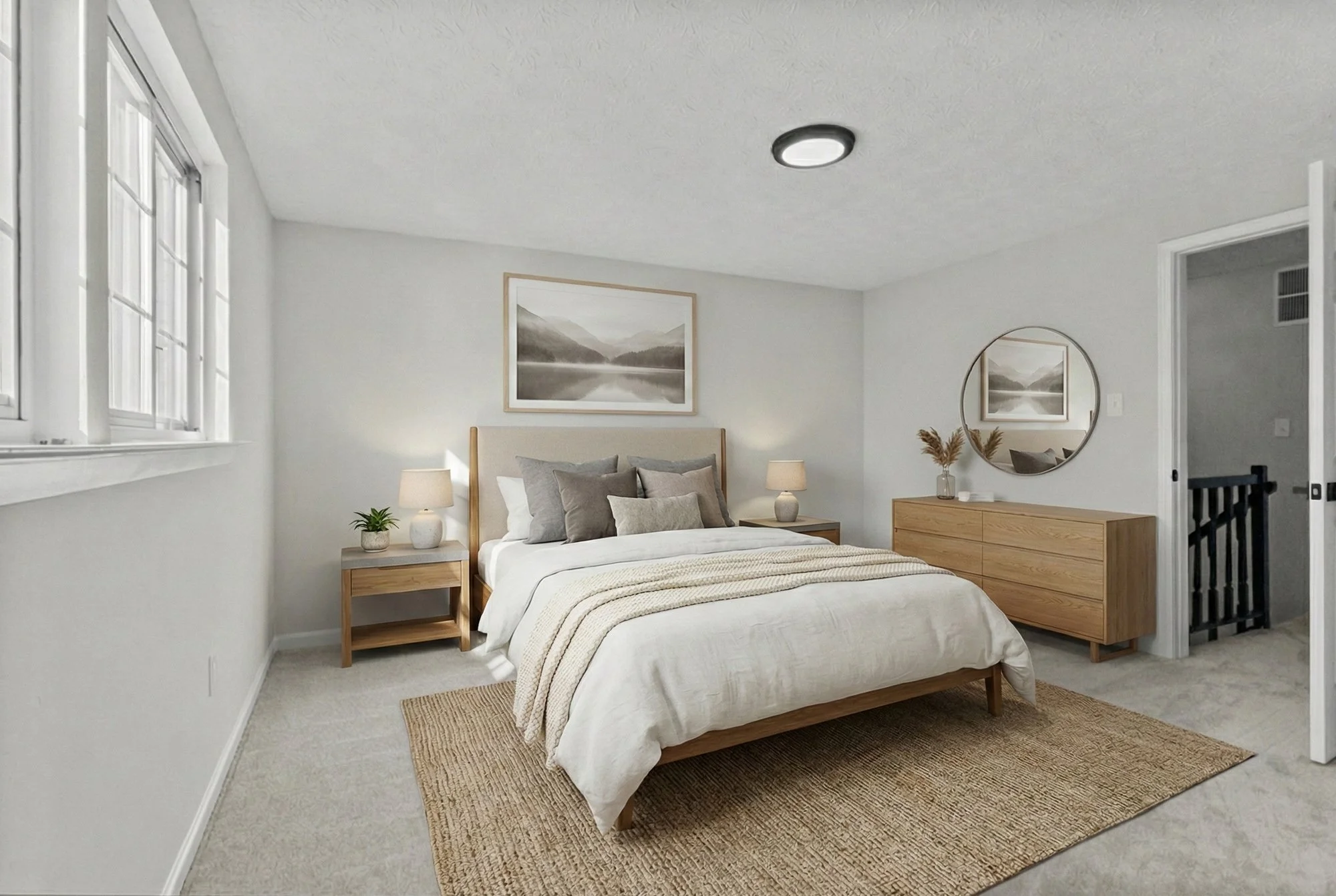 A minimalist bedroom with a wooden bed frame, gray and beige bedding, and matching nightstands with lamps. A framed landscape photo hangs above the bed, rays of sunlight stream in through the windows. A wooden dresser with a round mirror, a vase, and pampas grass decorates the corner.