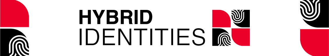 Hybrid Identities logo with red, black, and white design elements.