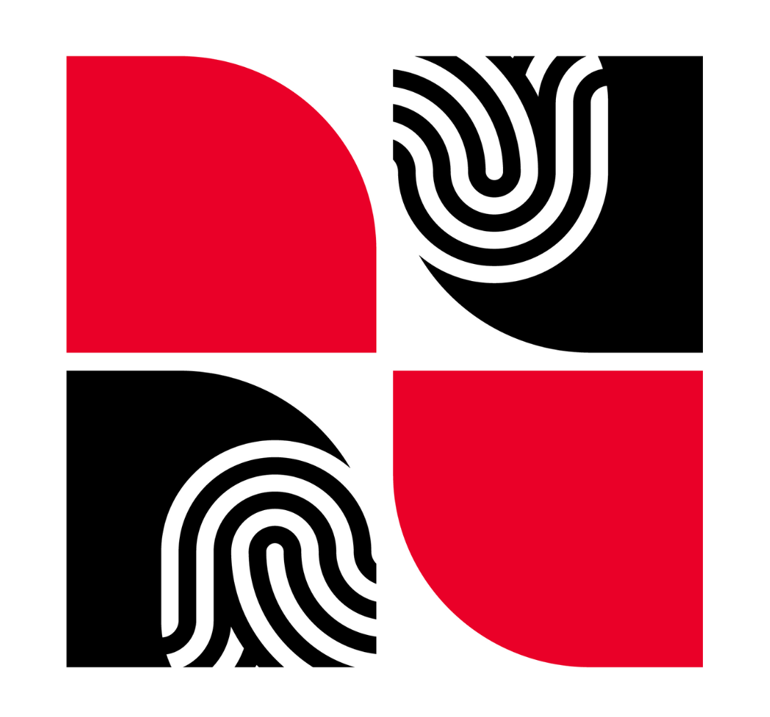 A modern abstract design with four quadrants using red, black, and white colors. The top left and bottom right quadrants are solid red semicircles, while the top right and bottom left quadrants feature black backgrounds with white fingerprint-like lines.