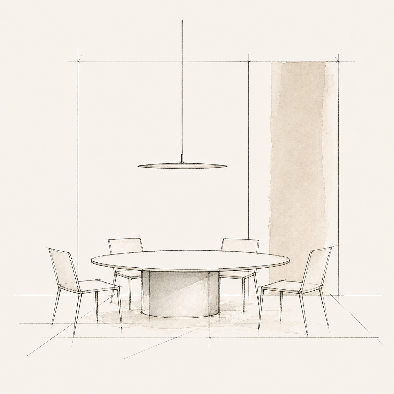 A minimalist sketch of a modern dining room featuring a round table with three chairs, a hanging light fixture above, and a textured beige wall panel on the right side.