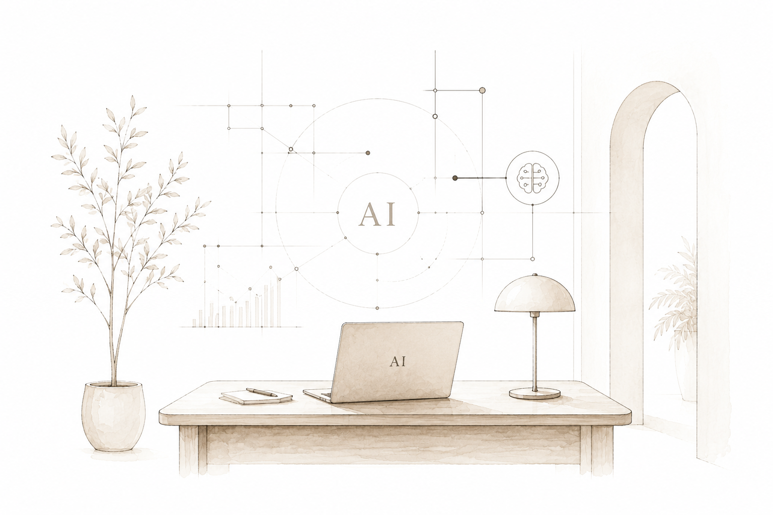 Minimalist office workspace with a desk, a laptop labeled AI, a lamp, some notebooks and pens, and changing plant pots, with a wall illustration of AI, graphs, and technical graphics.