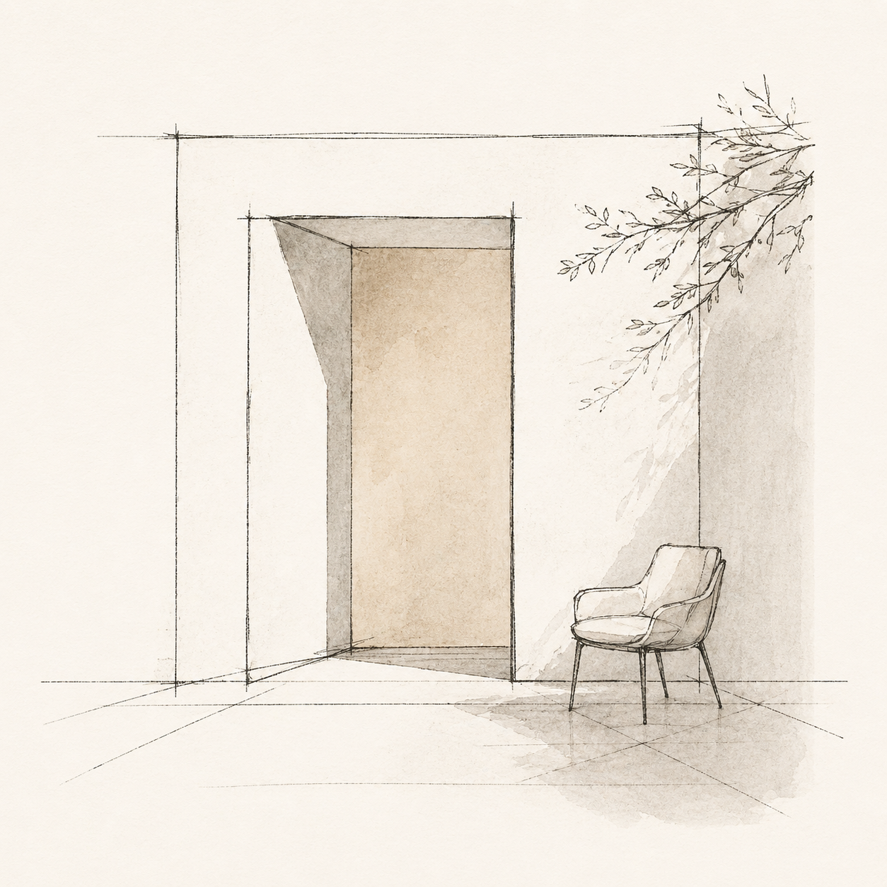 A sketch of an interior corner with a beige door, a white armchair, and a plant with branches and small leaves.