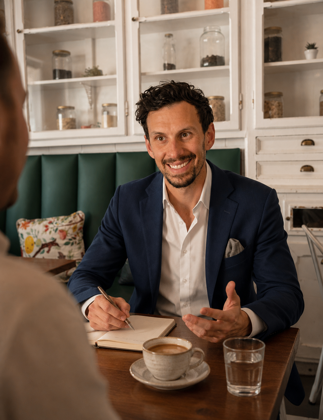 A man in a dark blue suit is talking and smiling during a conversation at a table in a cozy cafe. He has a notebook and a pen in his hands, and there is a cup of coffee and a glass of water on the table. Shelves filled with jars and decorative items are in the background.