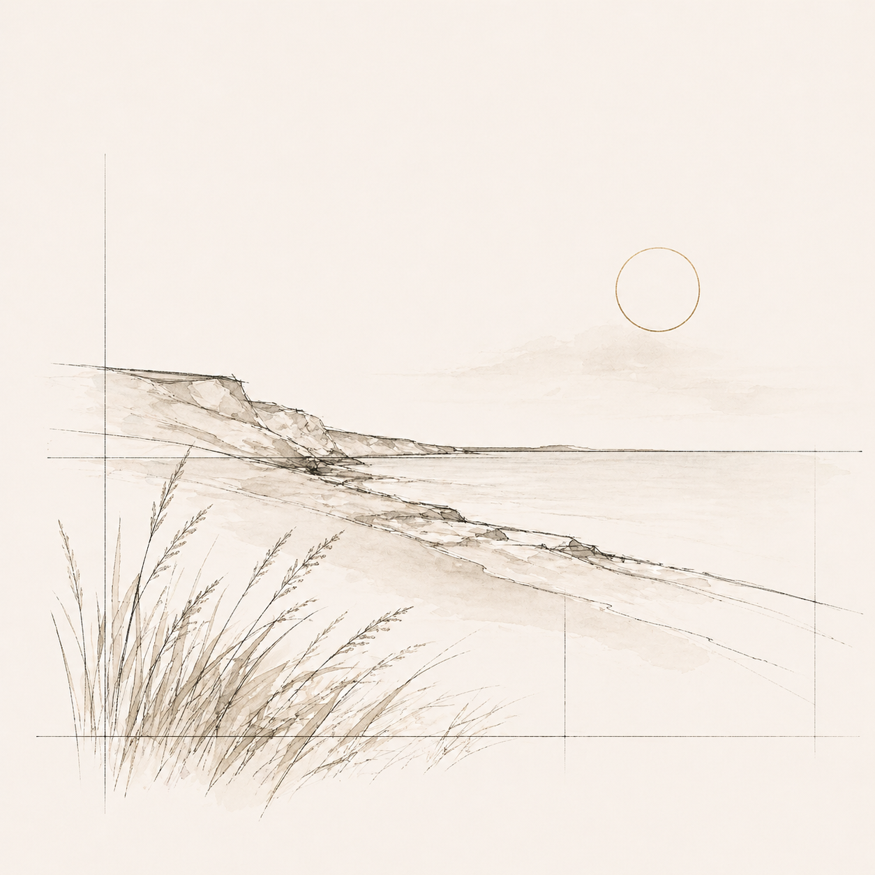 A minimalist sketch of a beach landscape with cliffs, water, and grass, featuring a faint outline of the sun.