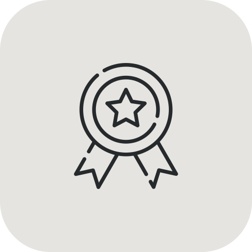 Icon of a medal with a star in the center, outlined in orange, on a dark background.