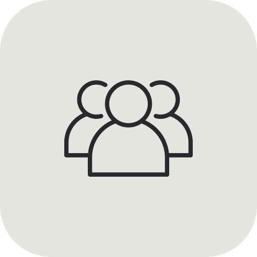 Outline icon of three people on a dark background.