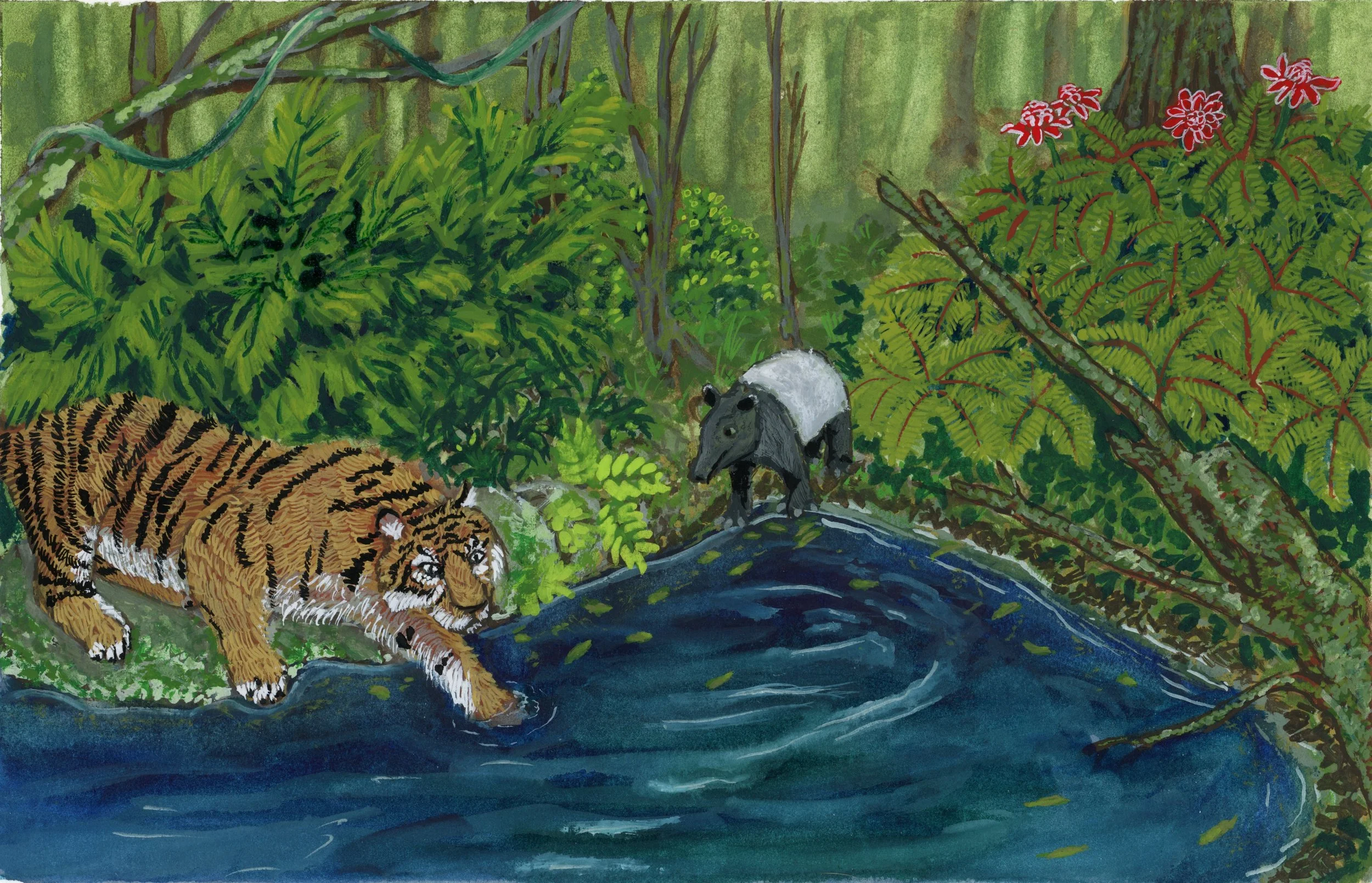 A tapir and tiger stand by a rainforest river