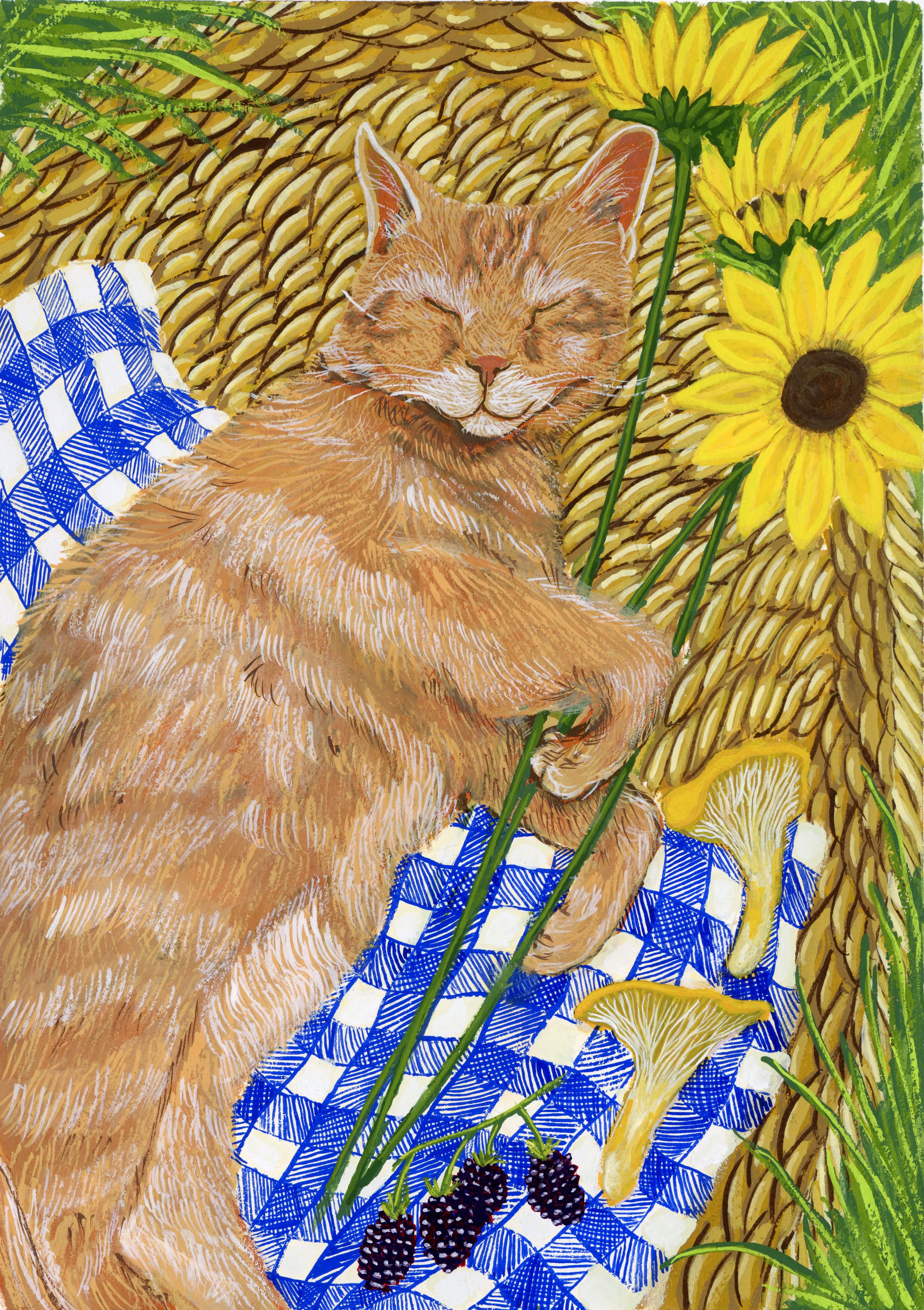 An orange tabby cat laying on a blue gingham blanket in a basket, with some sunflowers, blackberries, and mushrooms.