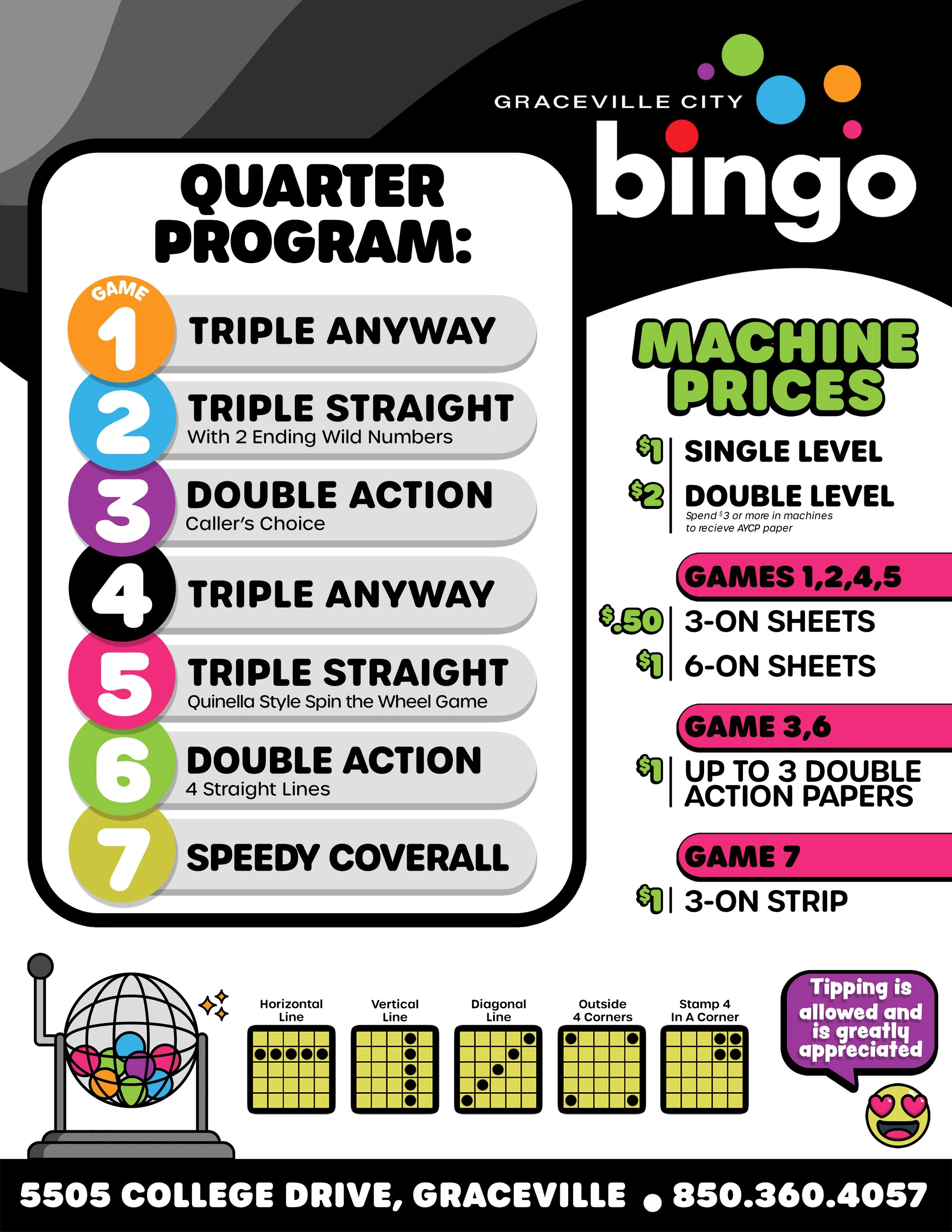 A bingo program flyer from Graceville City, featuring bingo game rules, machine prices, and game types, with colorful graphics and small illustrations of bingo balls, a bingo cage, and a purple speech bubble indicating tipping is allowed and appreciated.