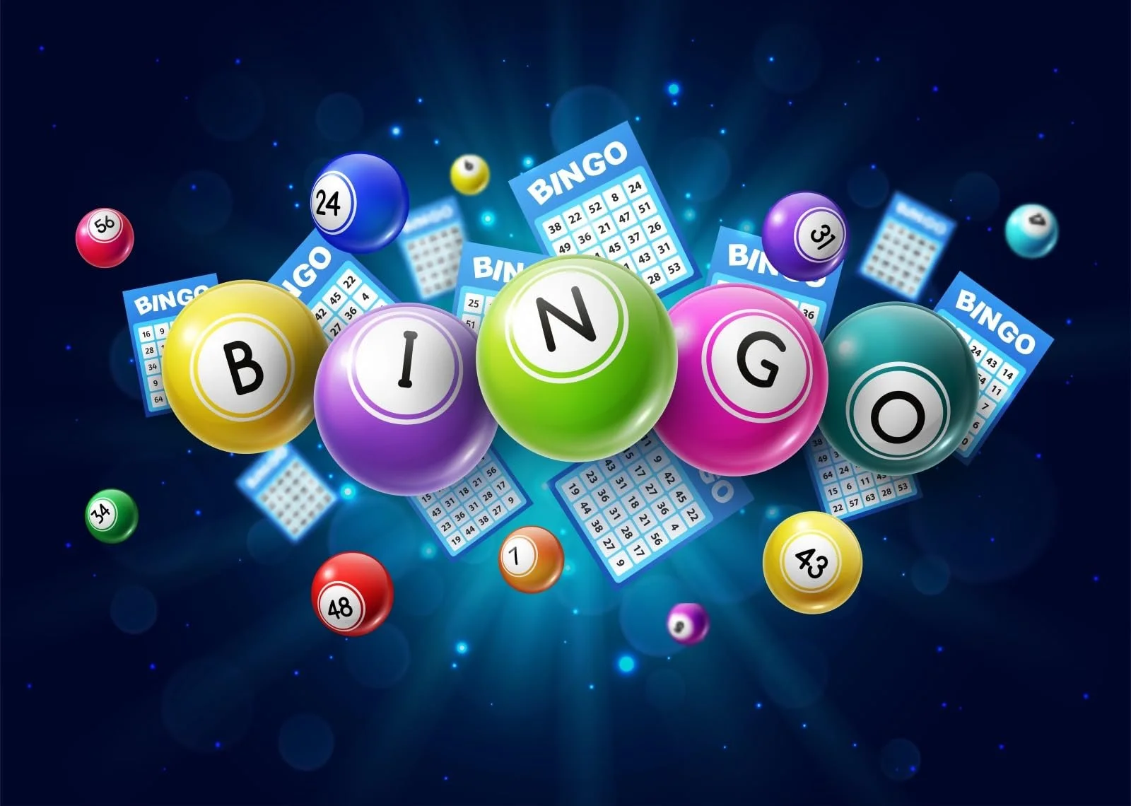 Digital illustration of bingo balls spelling out 'BINGO' with bingo cards and numbered balls floating around against a dark blue background with light effects.