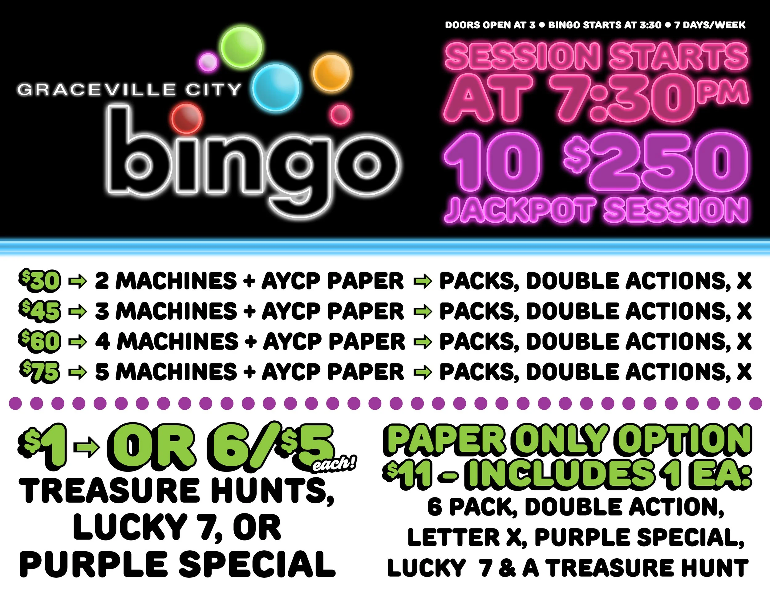 Bright neon sign advertising bingo in Graceville City with session starting times, prices, and game options, featuring colorful bubbles, bold text, and decorative dots.