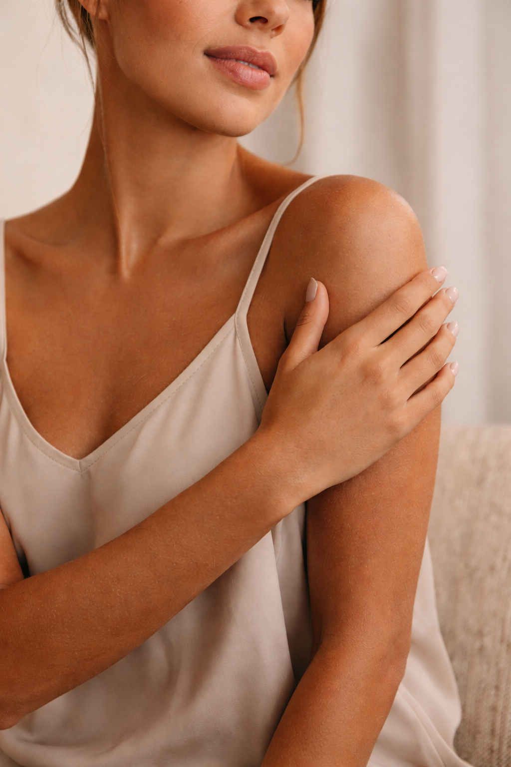 A woman with tanned skin and light brown hair gently touching her shoulder with her hand, wearing a beige sleeveless top, focusing on her shoulder and part of her face.