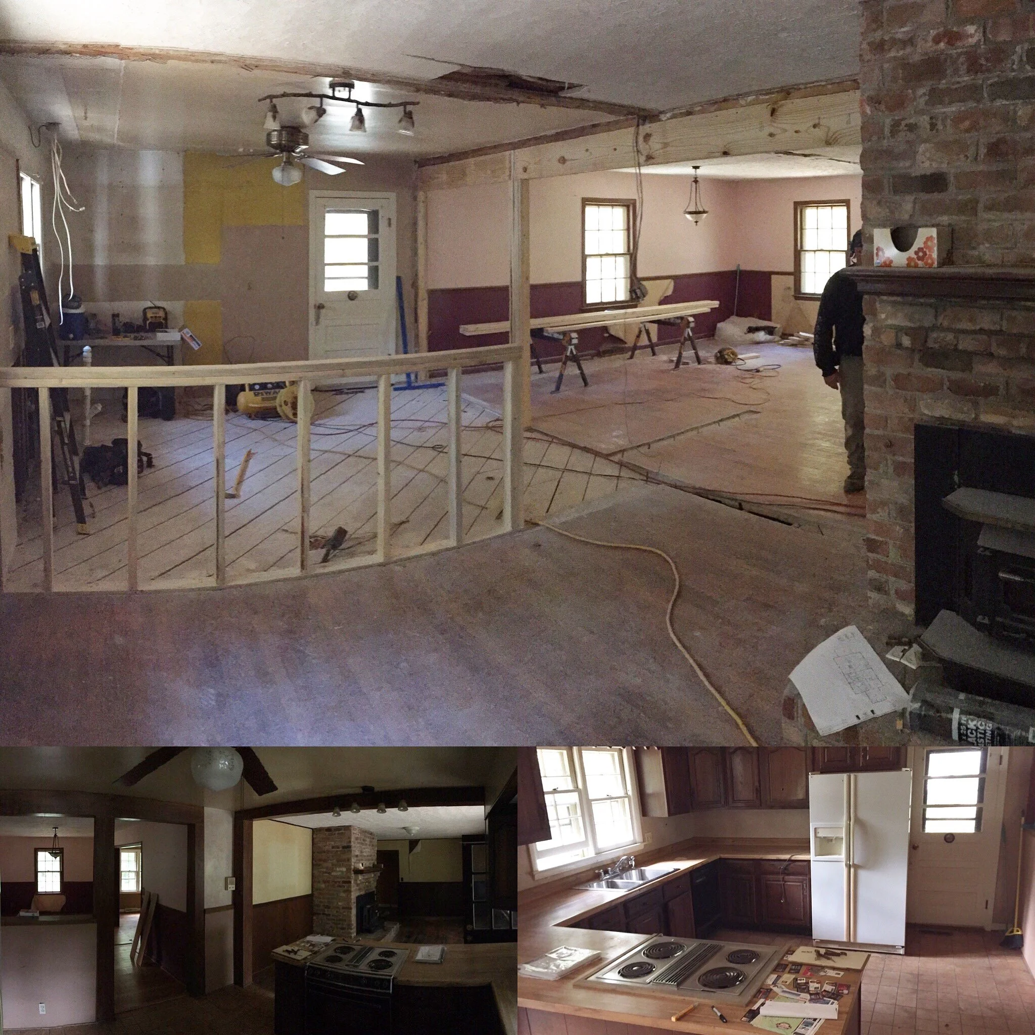 Interior of a house under renovation with wood flooring and partially finished walls. Lower parts of the house shows a kitchen with wooden cabinets, a stove, and a refrigerator, and the living area with a brick fireplace and a ceiling fan.