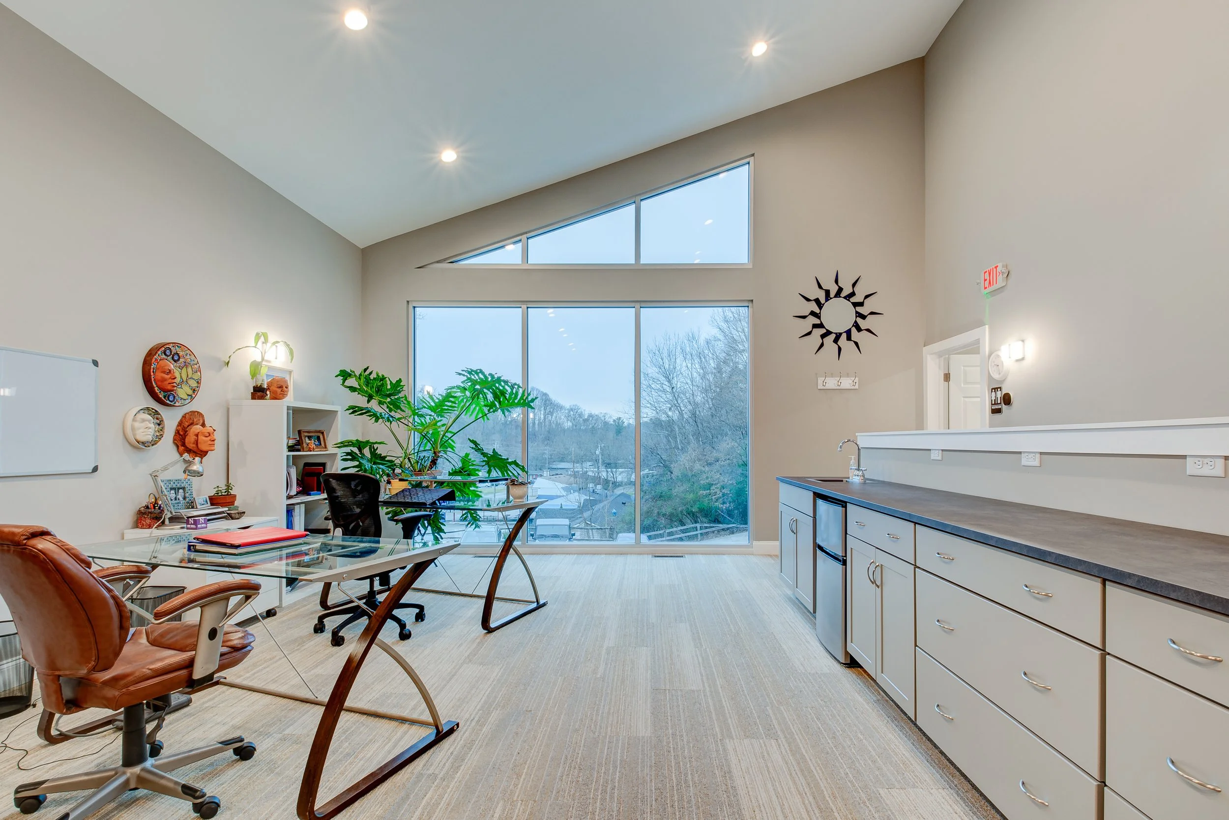 Office space with a glass desk, leather and mesh chairs, bookshelf with decorative art pieces, large window with trees outside, kitchenette with cabinets and sink, indoor plants, wall decor, and bright lighting.