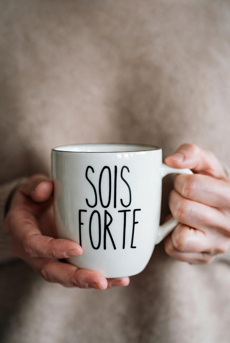 Une tasse blanche avec l'inscription "SOIS FORTE" tenue par deux mains de femme.