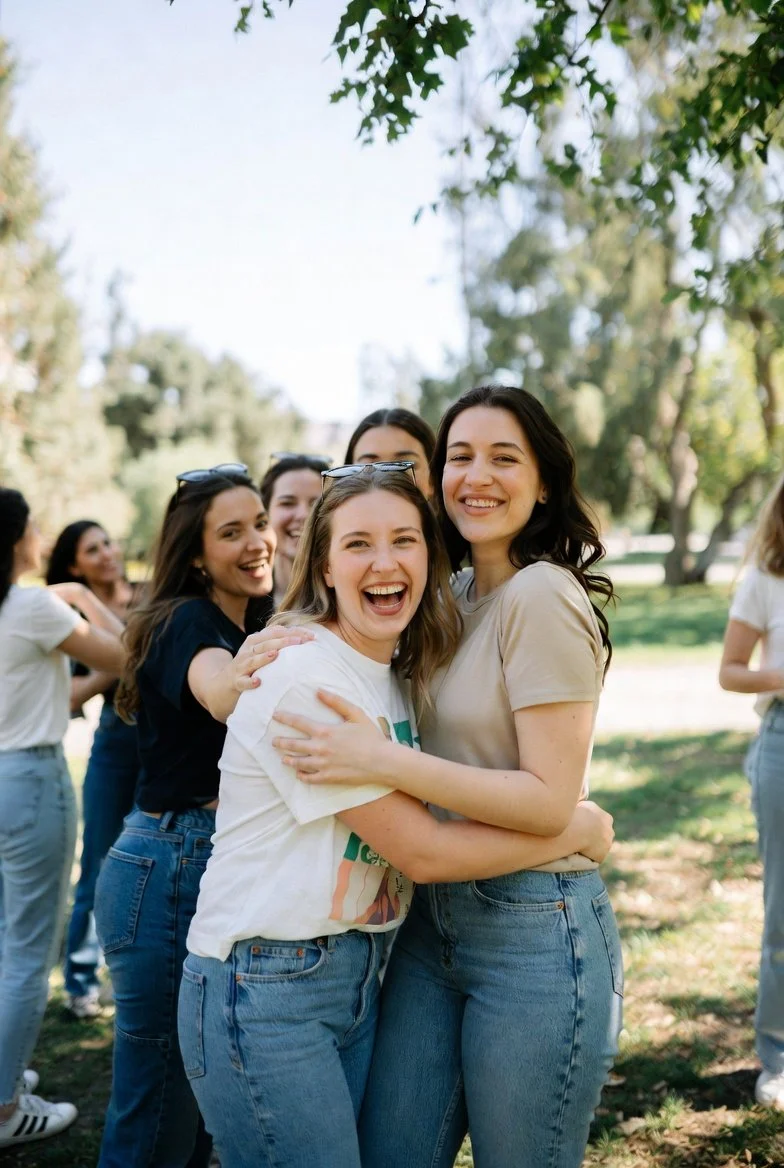 Groupe de jeunes femmes souriantes en plein air, embrassant et passant du bon temps dans un parc ensoleillé.