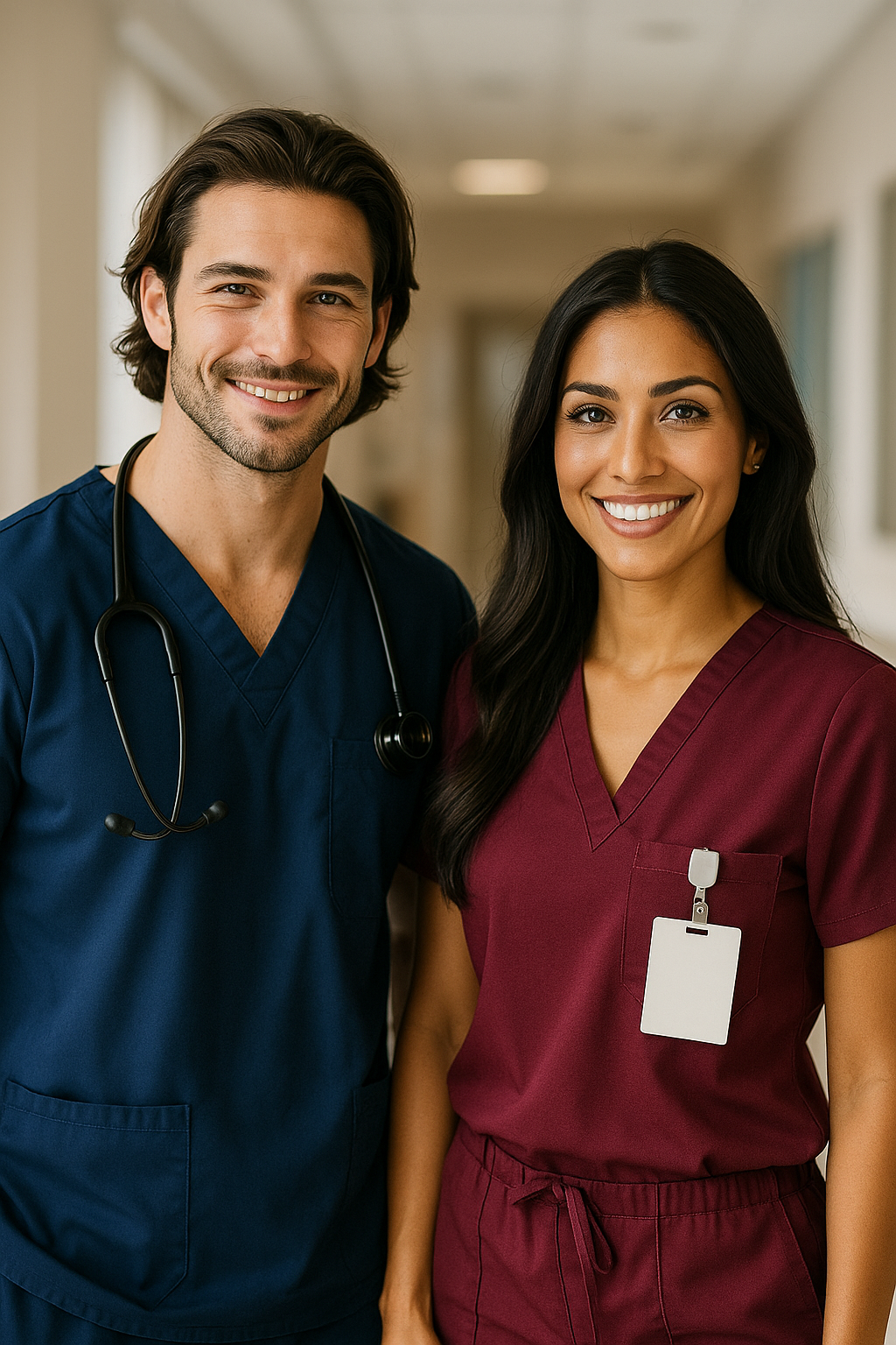 StaffedRight Solutions W-2 LPN and CNA healthcare professionals in Wichita standing confidently in a hospital corridor — local agency you can trust.