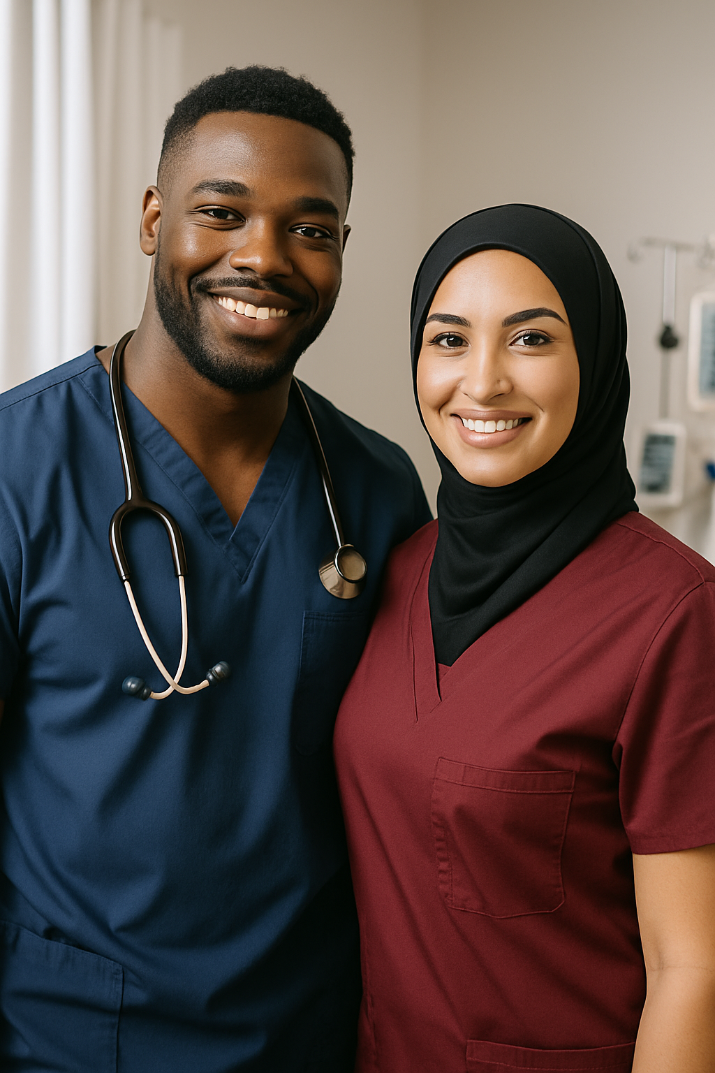Two healthcare professionals smiling and standing close together in a medical setting, one male nurse in blue scrubs with a stethoscope and one female nurse in maroon scrubs wearing a black hijab.