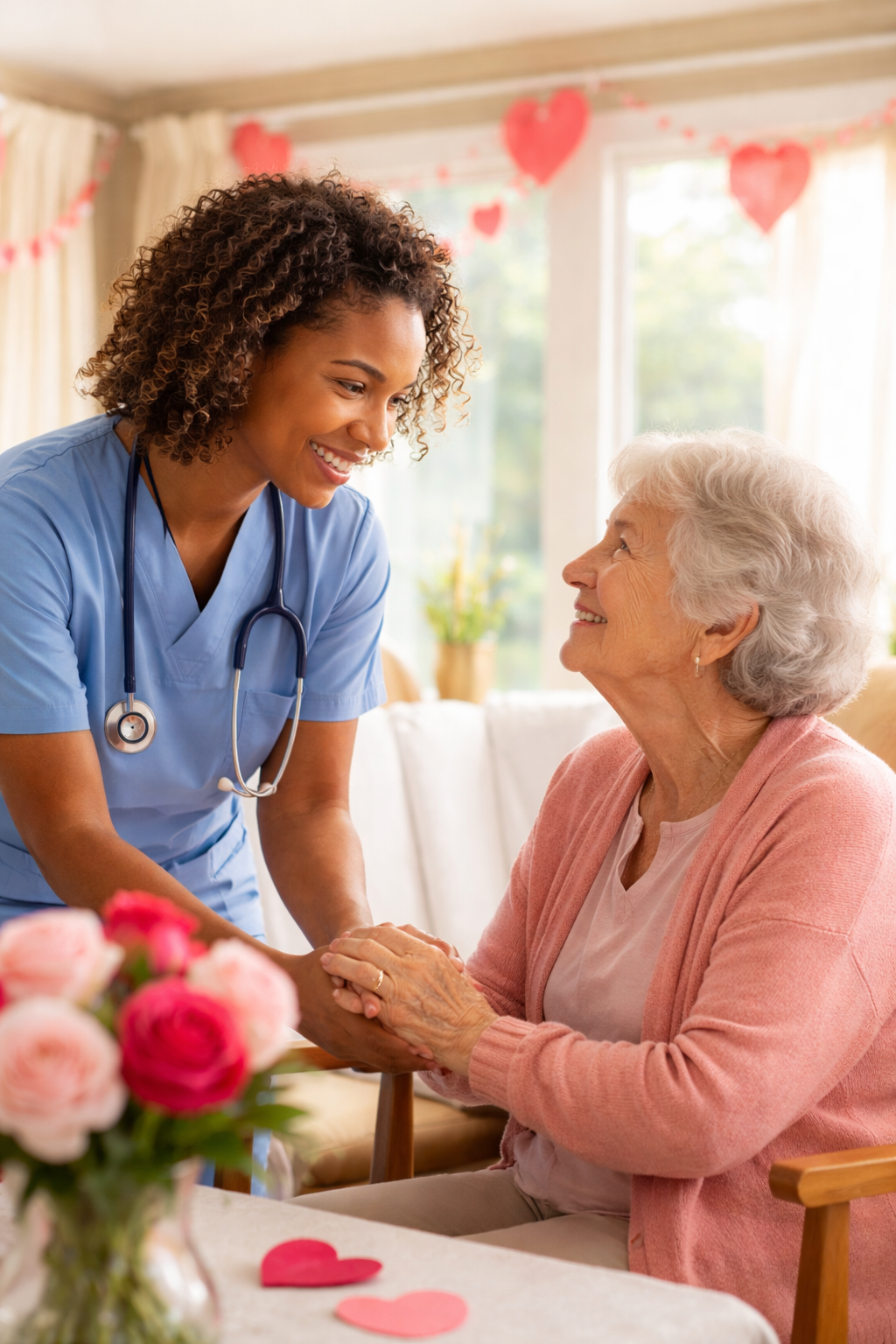 Smiling nurse holding hands with an elderly woman in a nursing home decorated for Valentine’s Day, representing compassion and patient-centered care.
