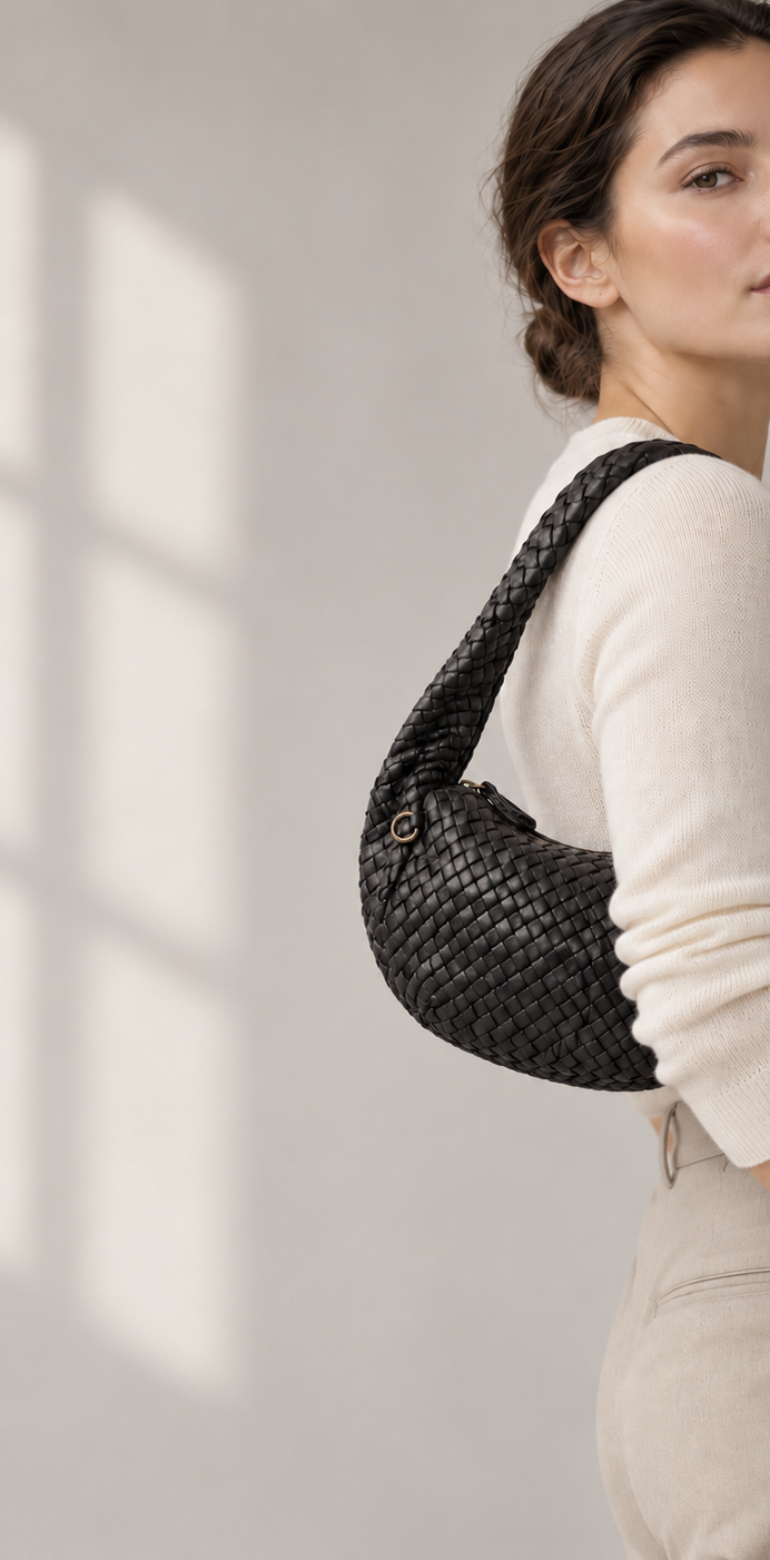A woman with brown hair styled in a loose braid, wearing a cream-colored sweater and beige pants, carries a black woven handbag over her shoulder.