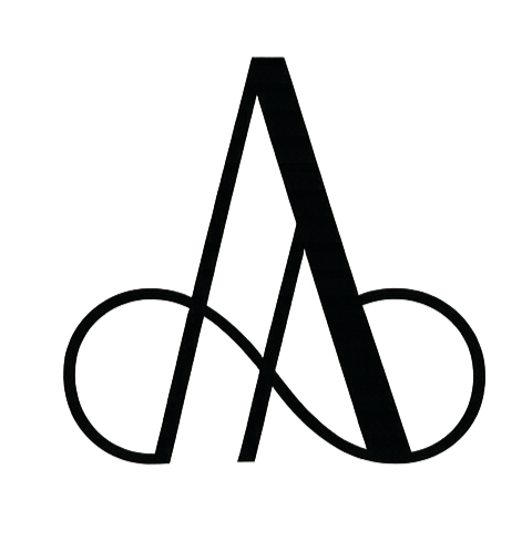 A black logo combining scissors and a stylized letter A.