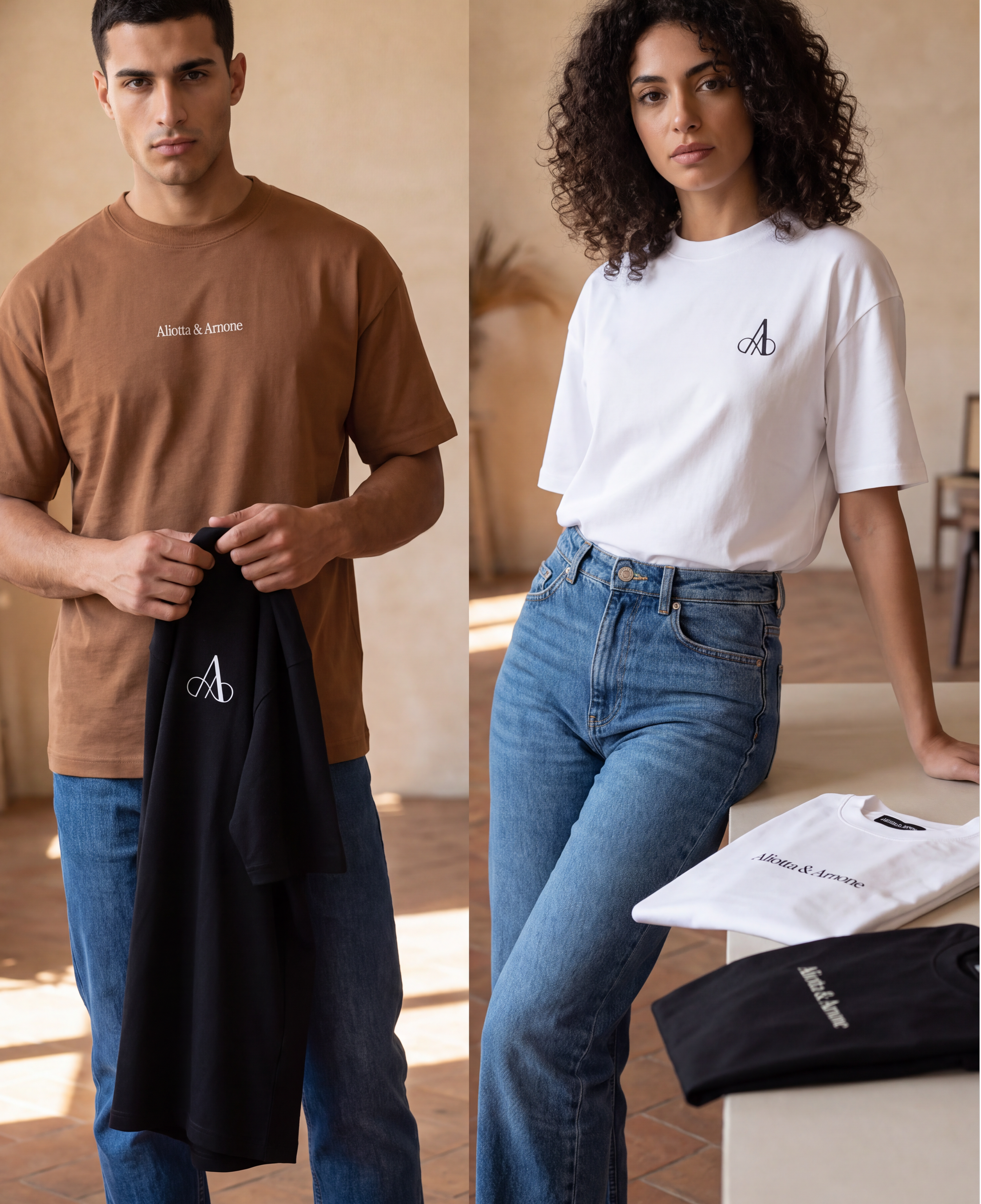 A man and a woman standing indoors with neutral backgrounds. The man on the left is wearing a brown t-shirt with the text "Aliotta & Arnone" and is holding a black item. The woman on the right is wearing a white t-shirt with a logo on the chest and denim jeans, with a white t-shirt laying on a surface in front of her.