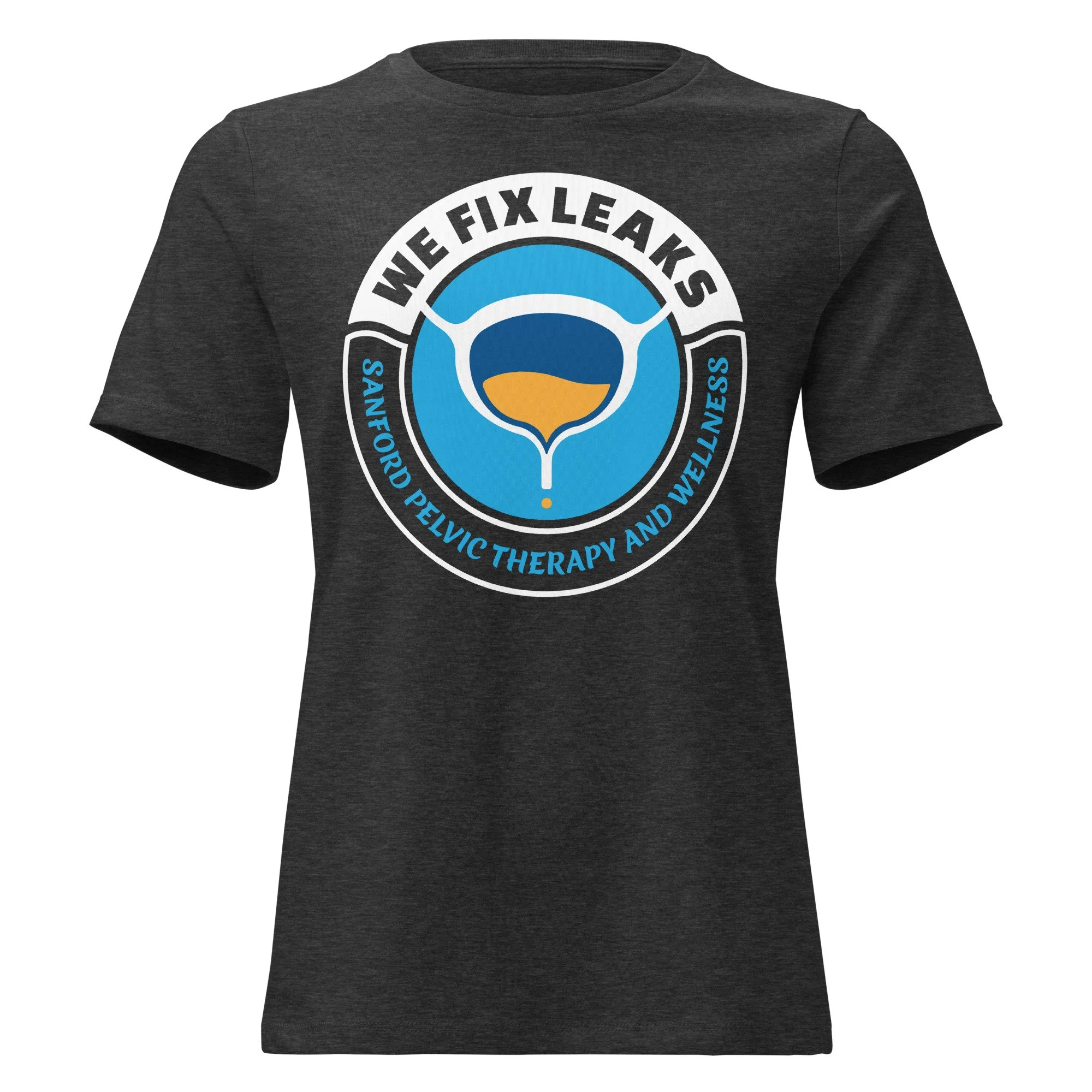 We Fix Leaks, women's dark grey heather colored t-shirt.