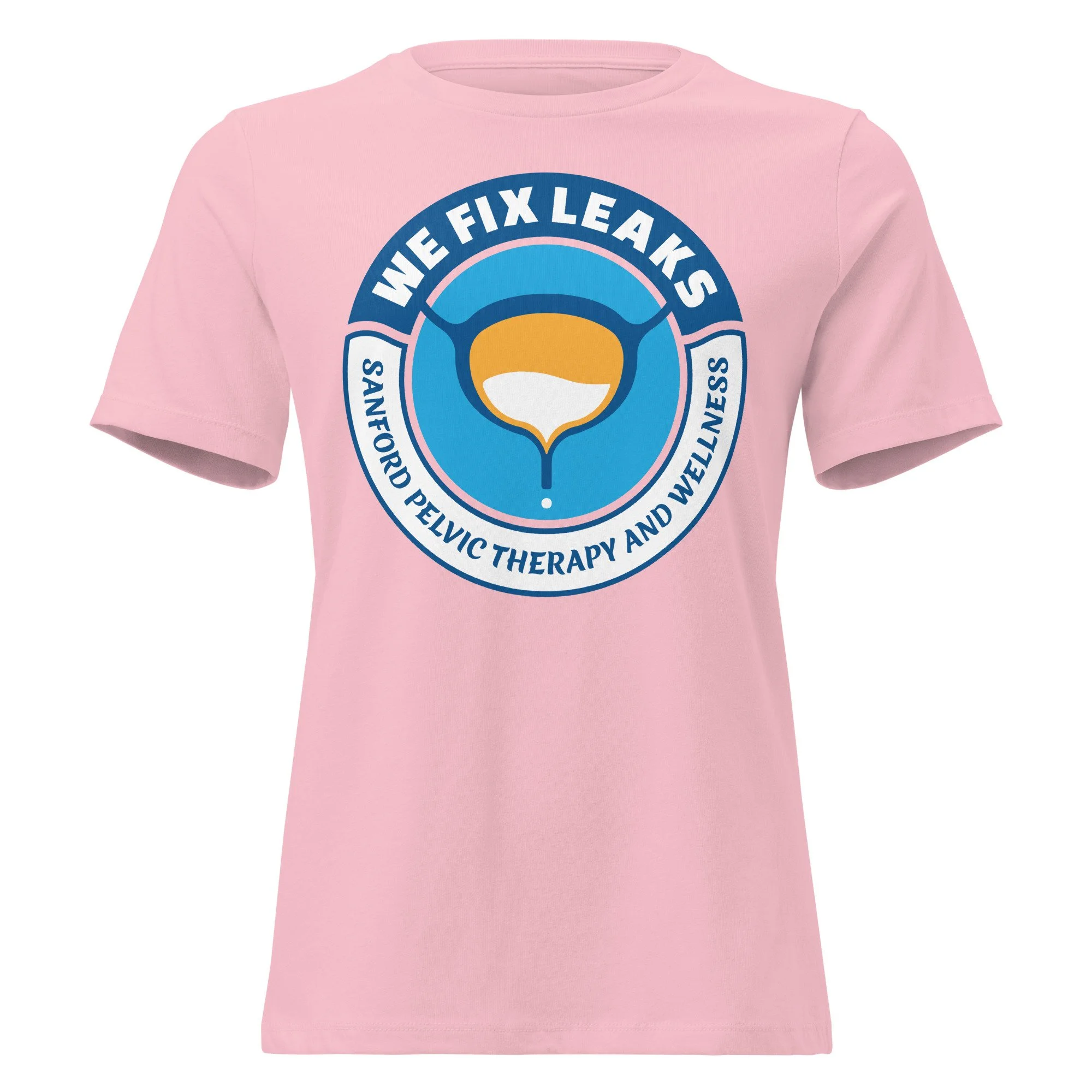 We Fix Leaks, women's pink colored t-shirt.