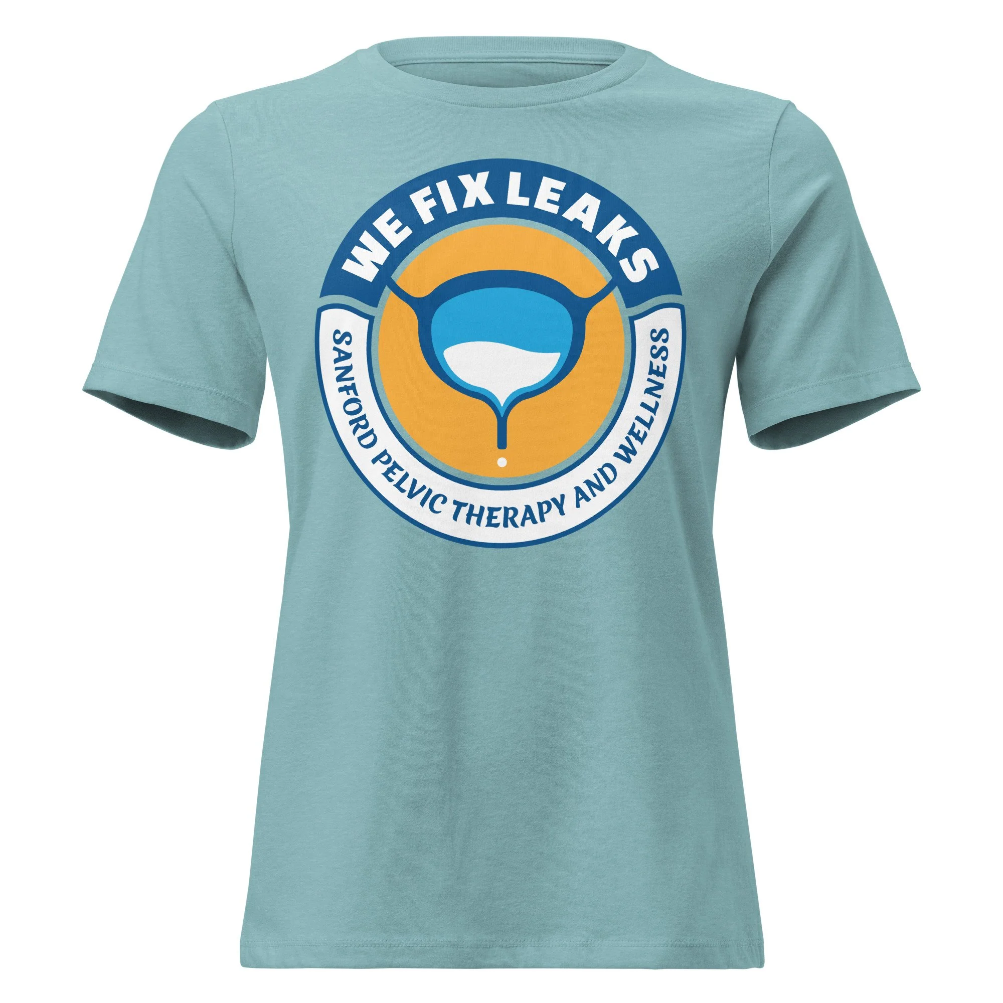 We Fix Leaks, women's heather blue lagoon colored t-shirt.