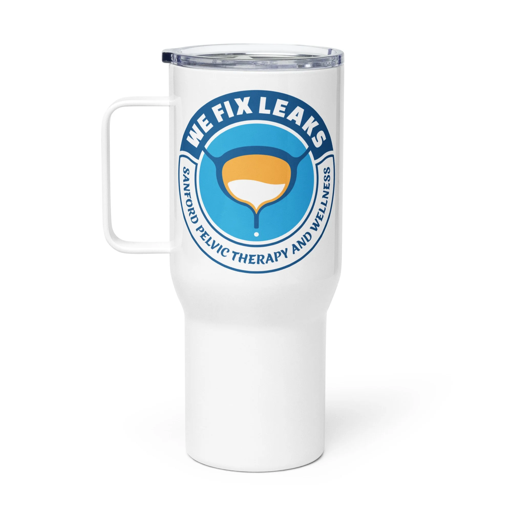 We Fix Leaks mug with left side handle.