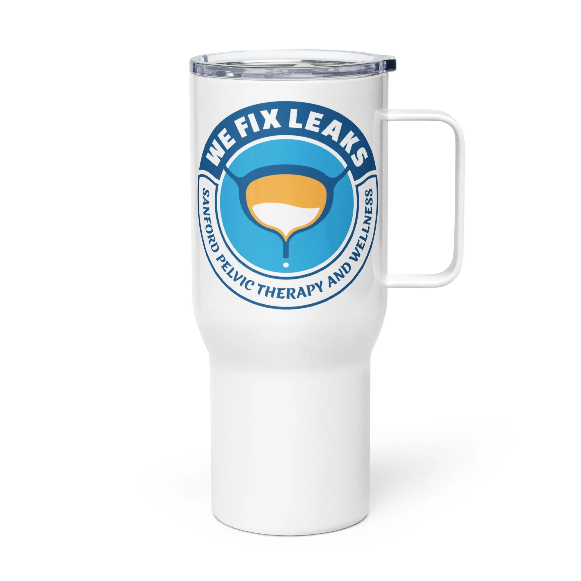 We Fix Leaks mug with right side handle.