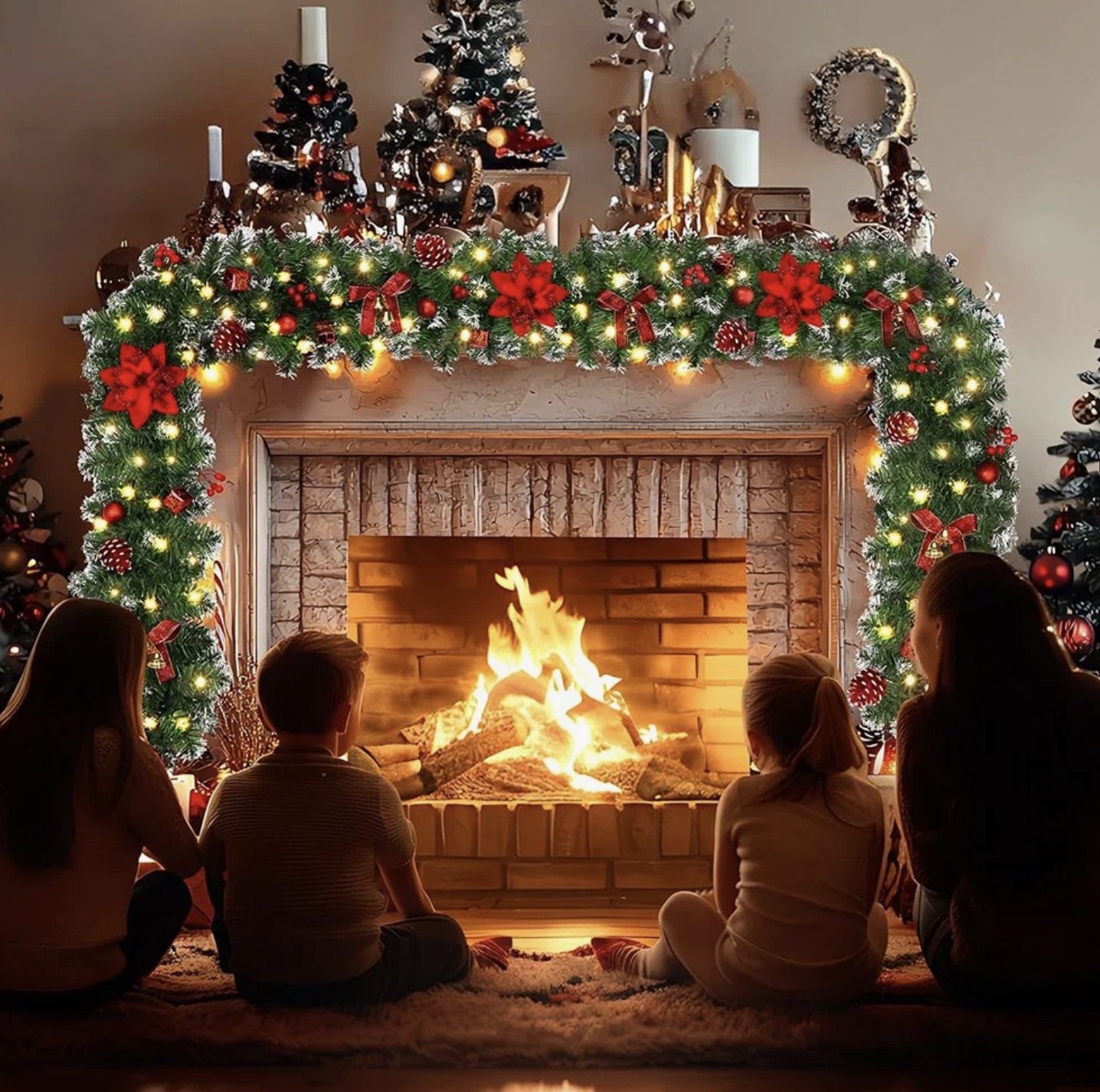 Christmas scene setting inside by a decorated fireplace