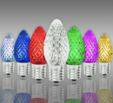 Colorful C9 LED Christmas light bulbs in red, green, blue, and yellow for holiday installations