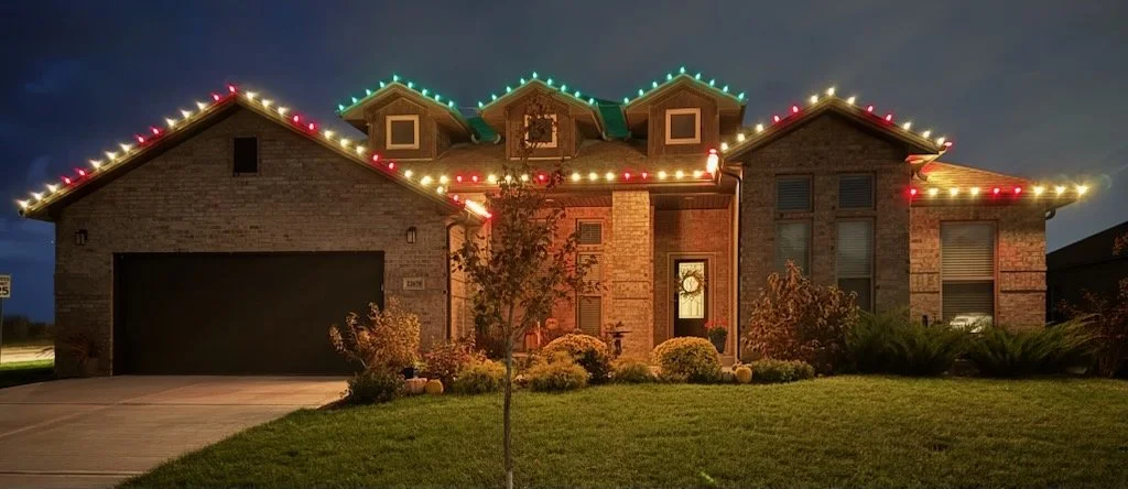 2 Red 3 Warm White c9 Christmas Lights and custom dormers in Green by Plaza Lights installed in Lenexa Kansas