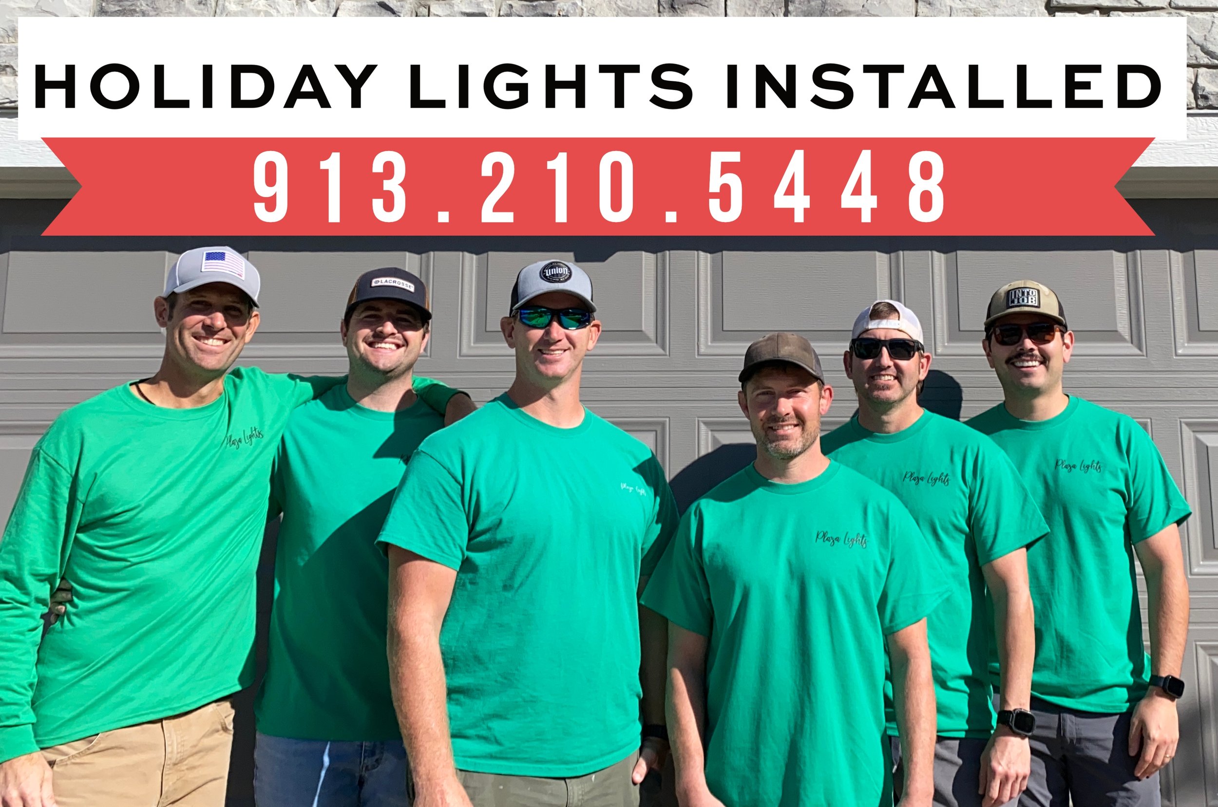 Off-duty Plaza Lights firefighter crew group photo wearing matching green Plaza Lights shirts