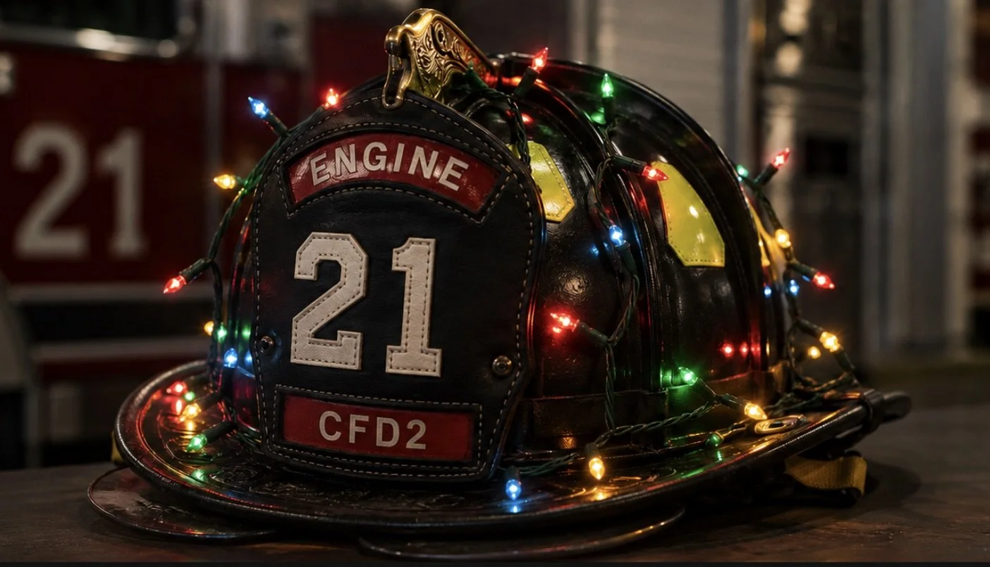 Fire helmet reading Engine 21 CFD2, decorated with multicolor Christmas lights