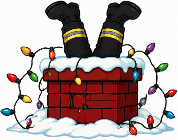 A person dressed as Santa Claus is lying upside down in a chimney, with only their black boots and red pants visible, surrounded by colorful holiday string lights and snow.
