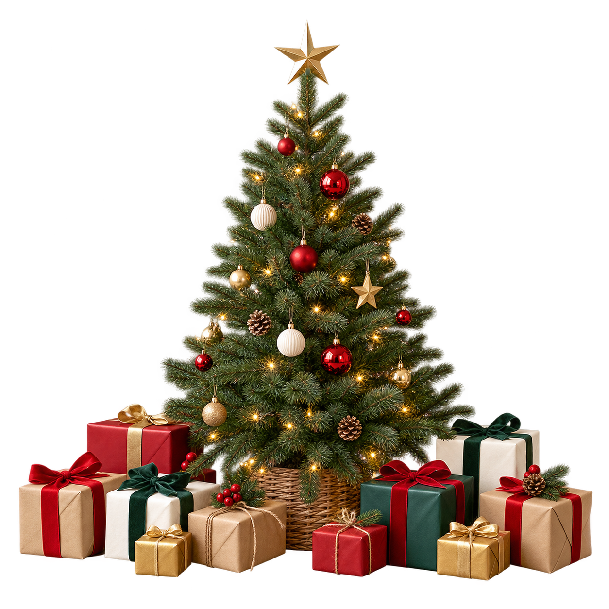 Decorated Christmas tree with red, white, gold ornaments and pinecones, surrounded by wrapped presents in gold, red, white, and green with bows.