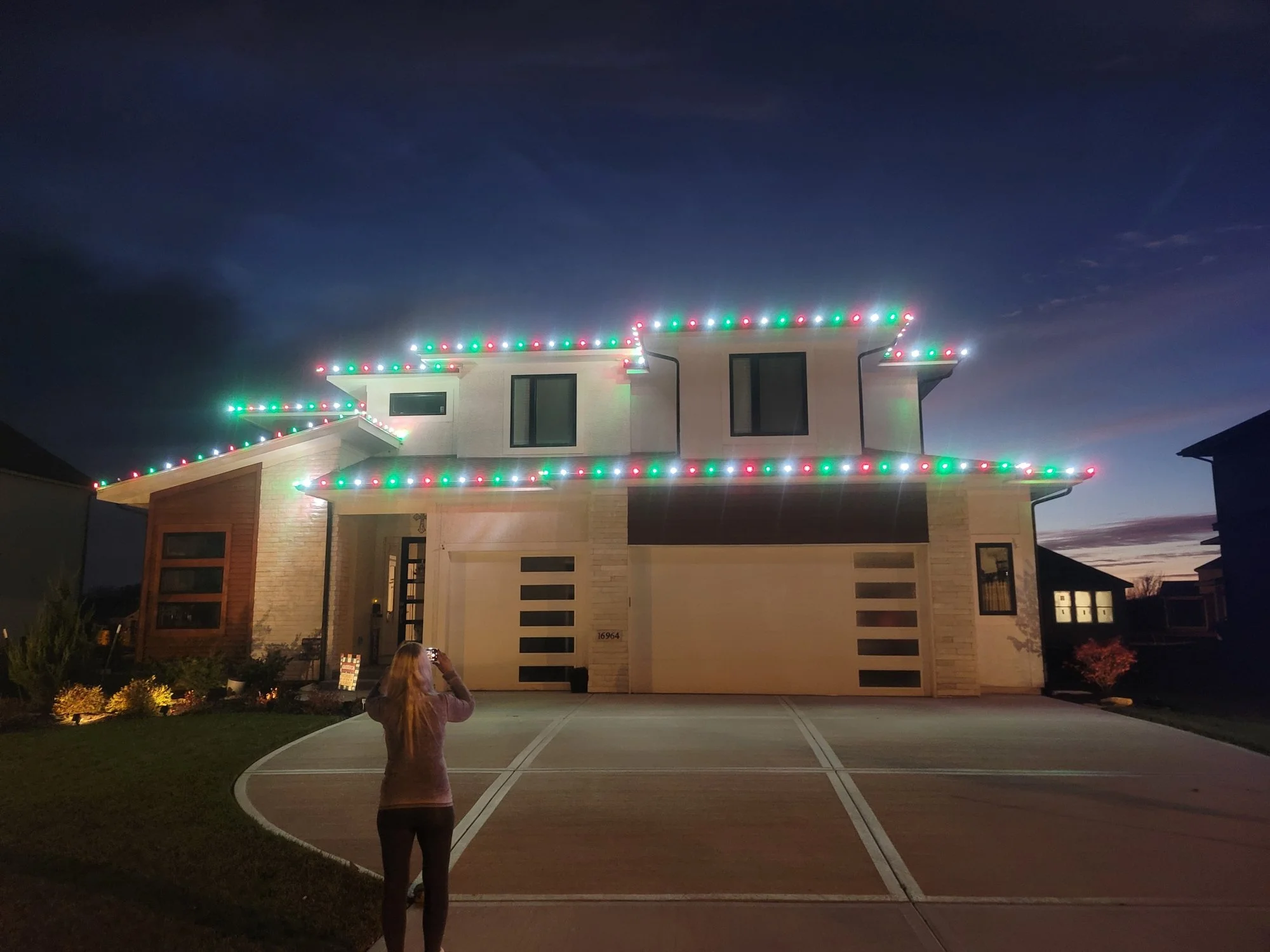 Christmas Lights on roof line C9 with a Custom, Pure White, Red, Green