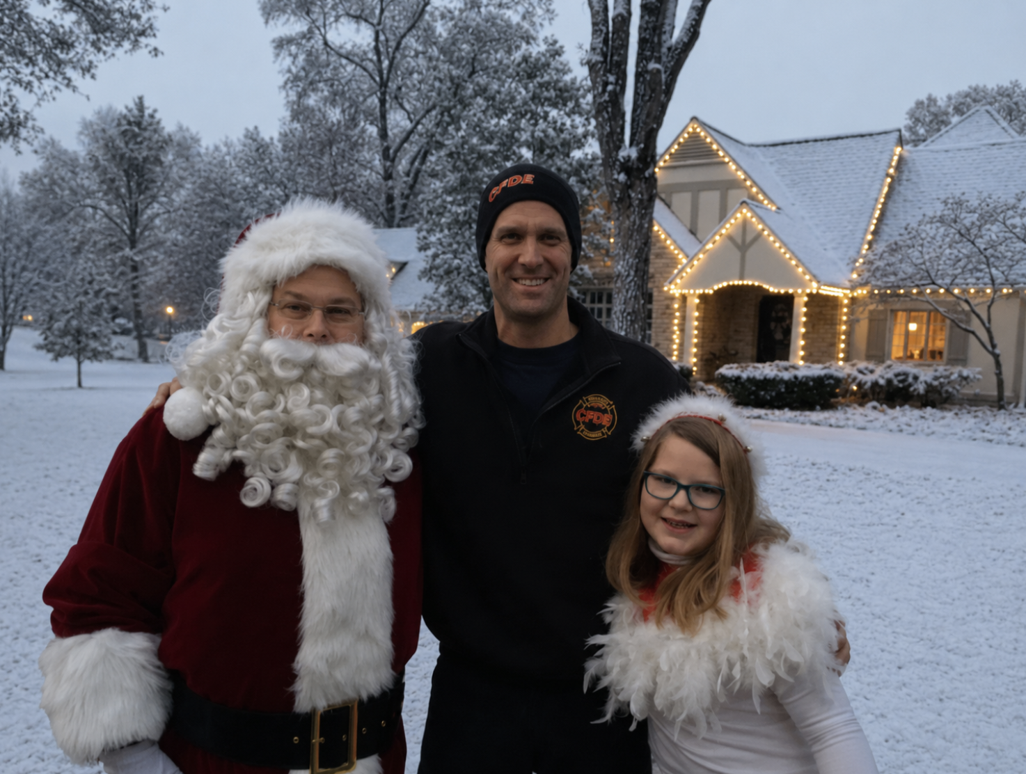 Fake santa with a uniformed firefighter standing in front of a house with christmas lights Ai made