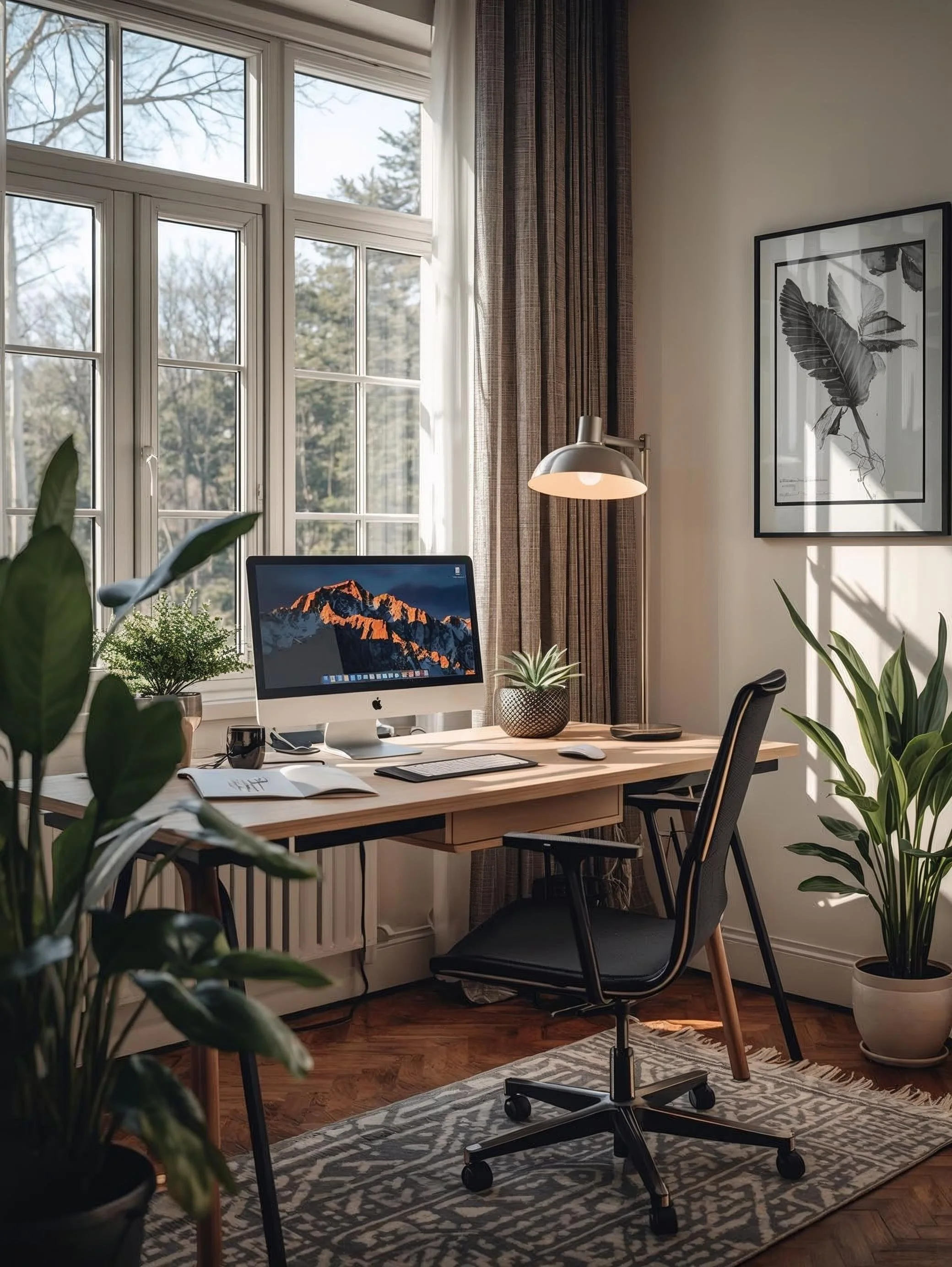 Home office with a wooden desk, an iMac computer, potted plants, a desk lamp, and framed artwork in a room with large windows, curtains, and hardwood floors.