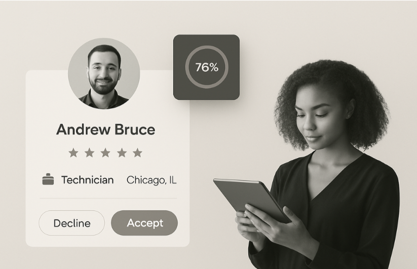 A woman with curly hair looking at a tablet, next to a digital profile of a technician named Andrew Bruce from Chicago, IL, with a 76% completion bar and options to decline or accept.