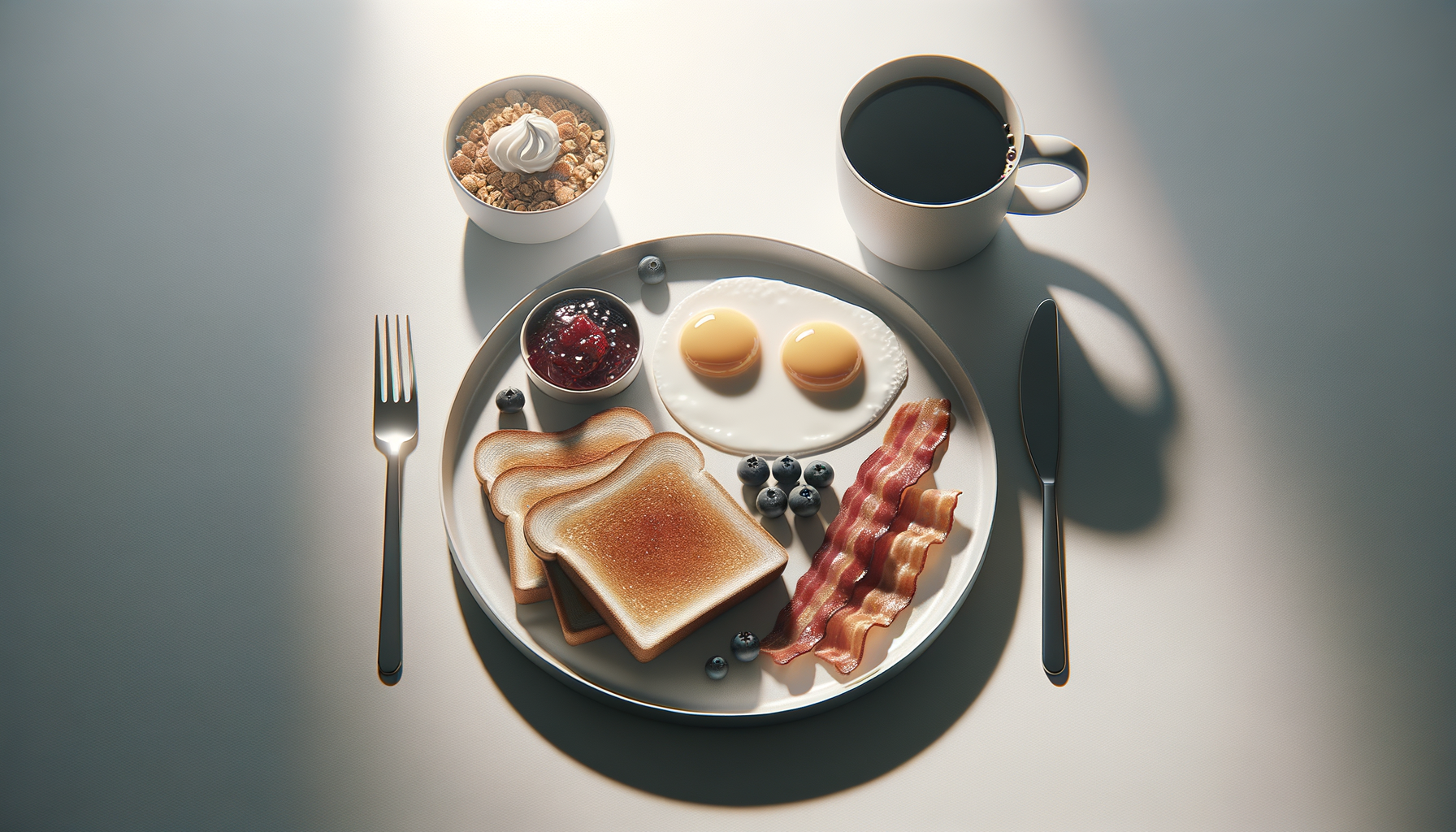 Breakfast plate with two fried eggs, bacon, toast, blueberries, and jam, accompanied by a cup of coffee, a bowl of cereal with whipped cream, and a small server of syrup on a white table.