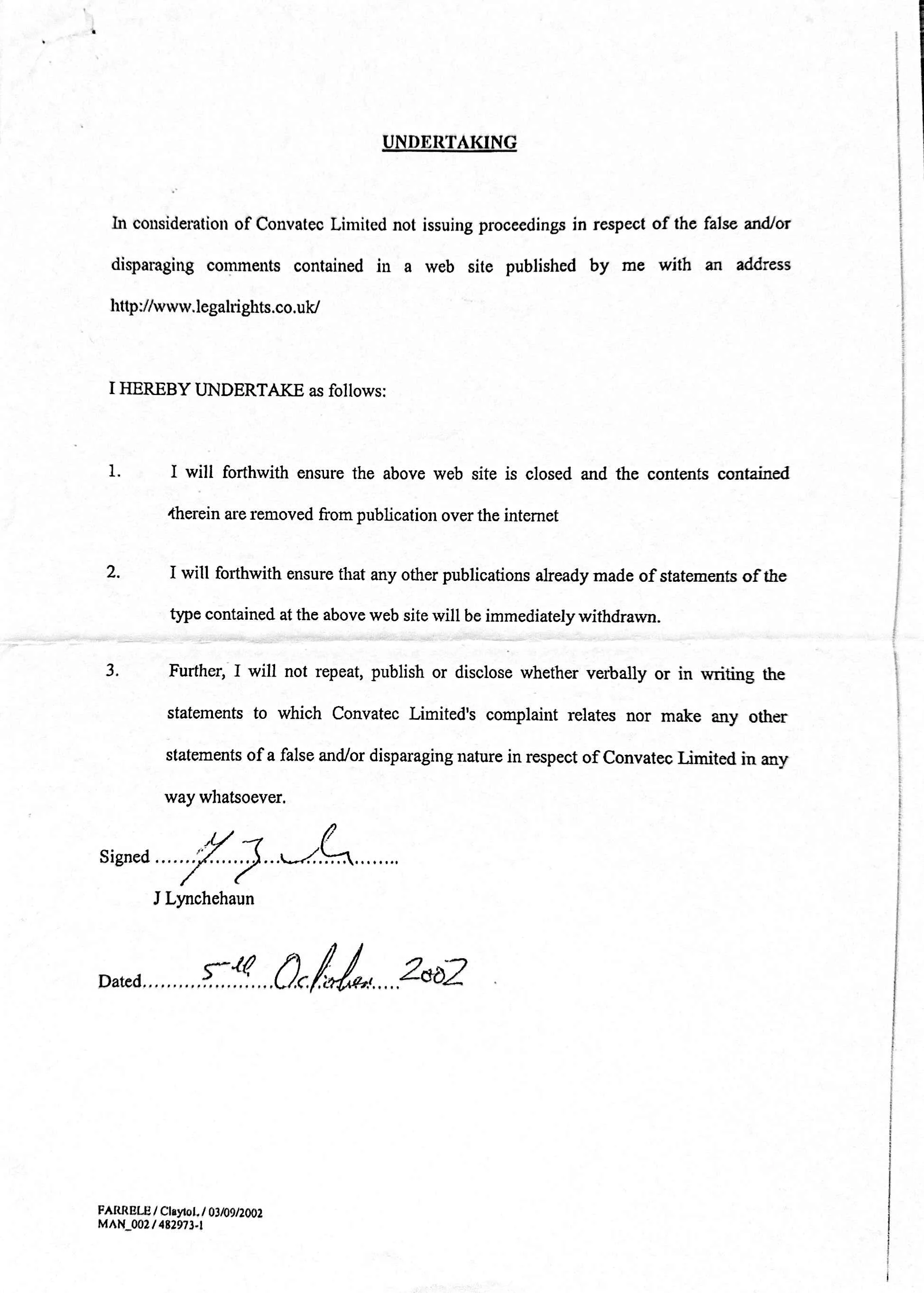 ConvaTec/J Lynchehaun undertaking