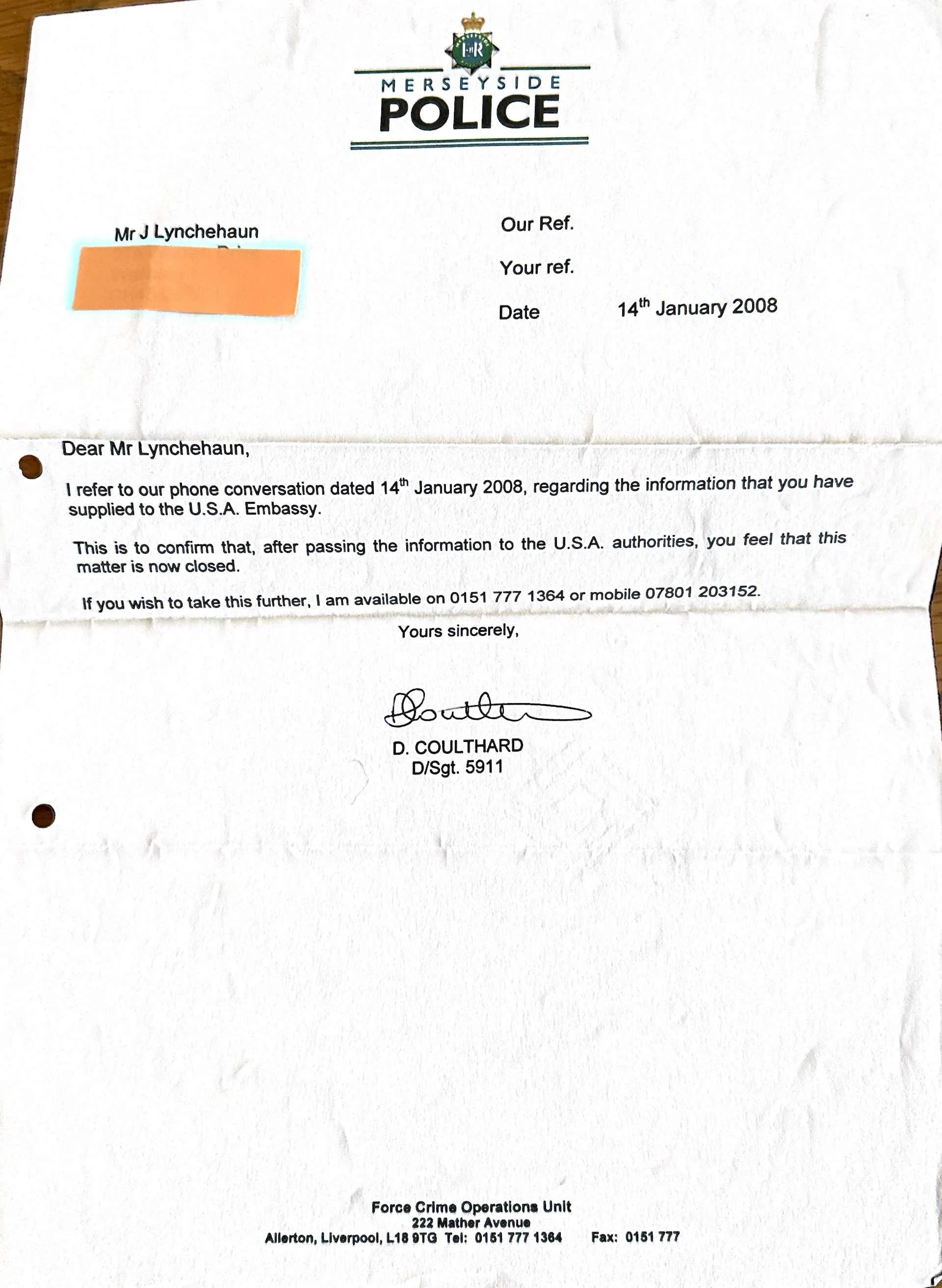 Official letter regarding American Consul London