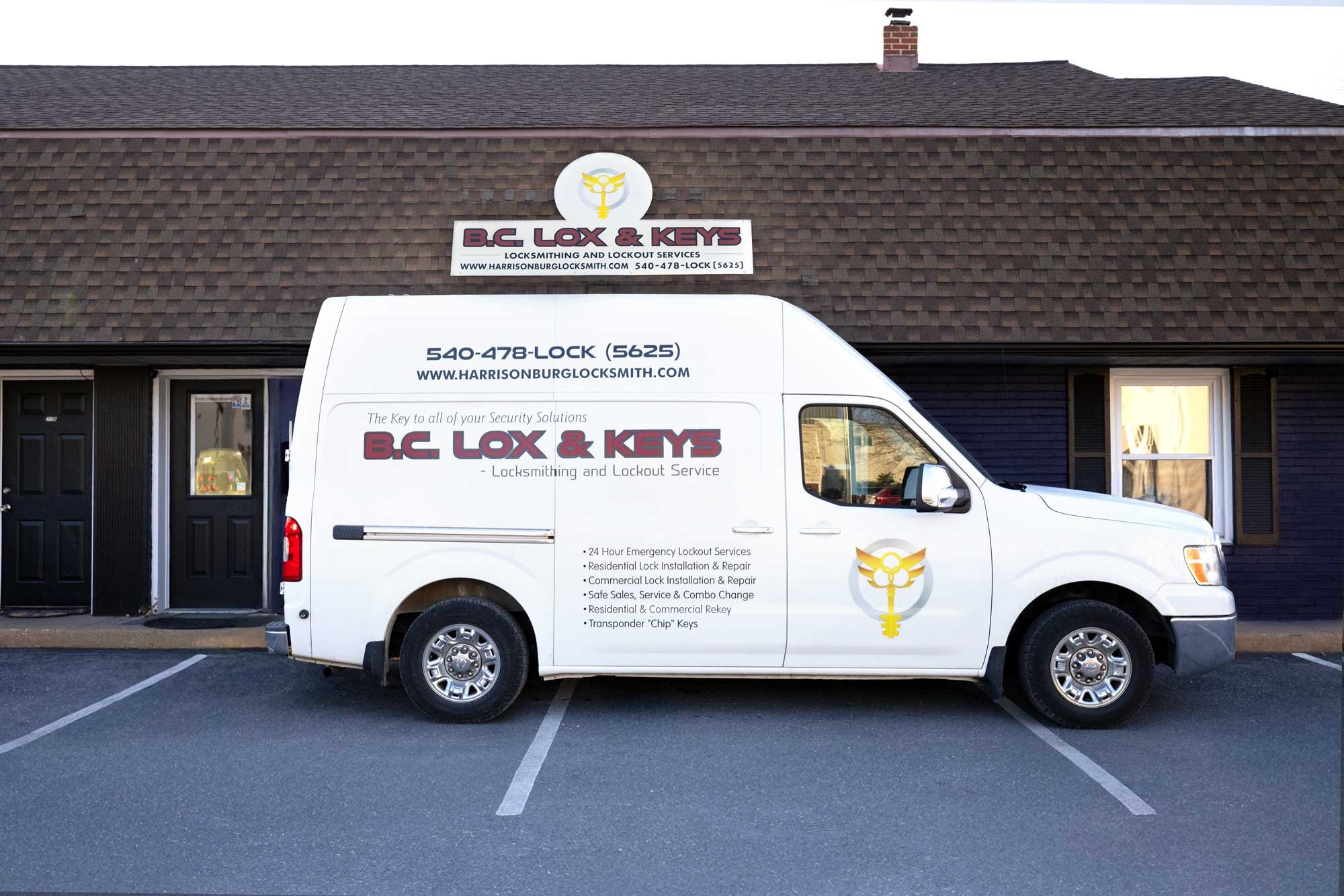 B.C. Lox and Keys mobile locksmith service van in Harrisonburg VA for lockouts, rekeying, and on site key service.